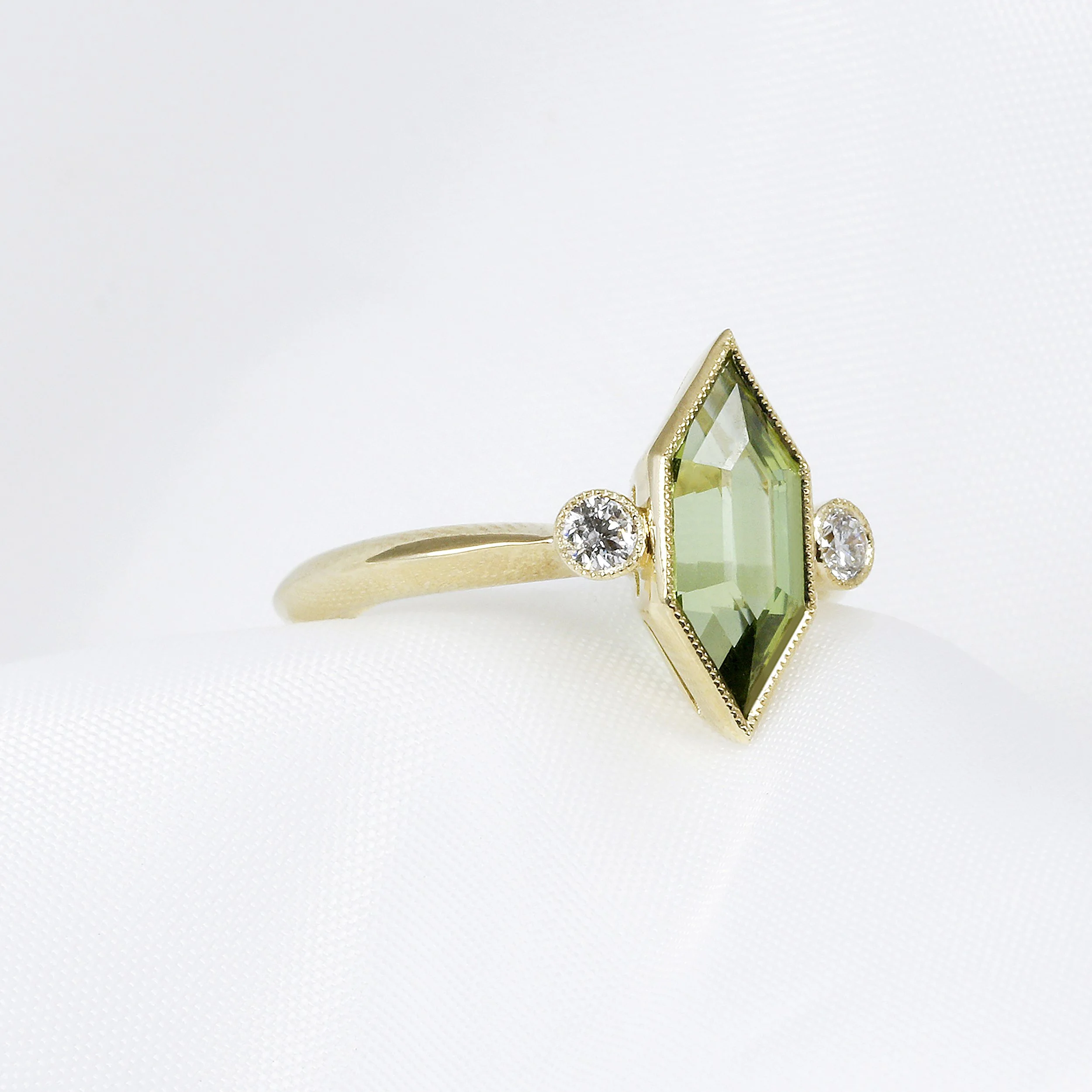 Tourmaline & Diamond Three Stone Ring in Yellow Gold