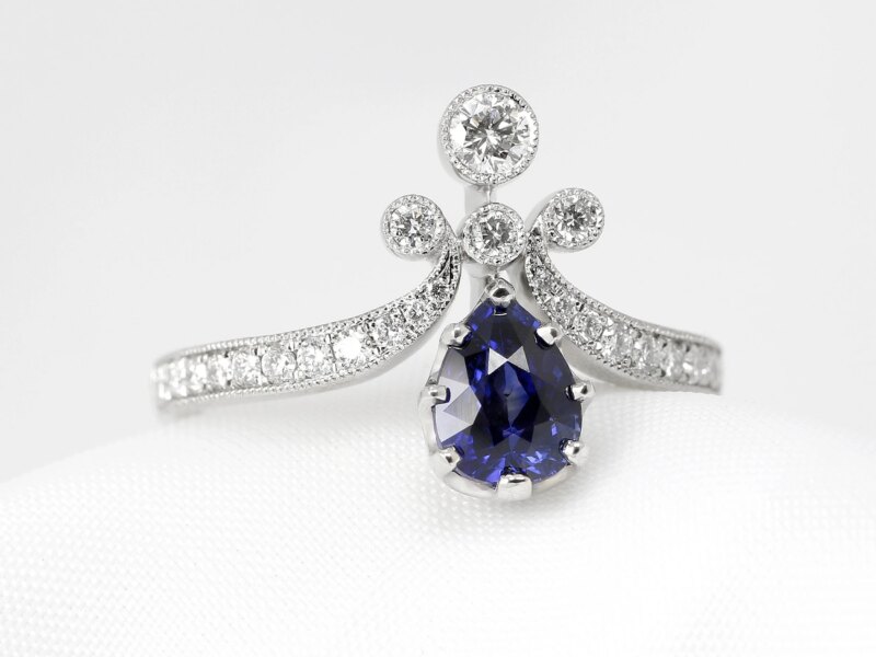 Blue Sapphire & Diamond Tiara Ring in Platinum