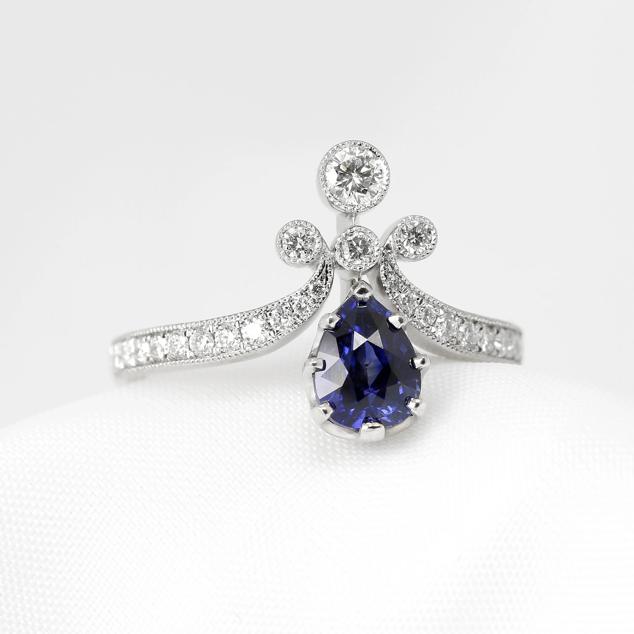 Blue Sapphire & Diamond Tiara Ring in Platinum