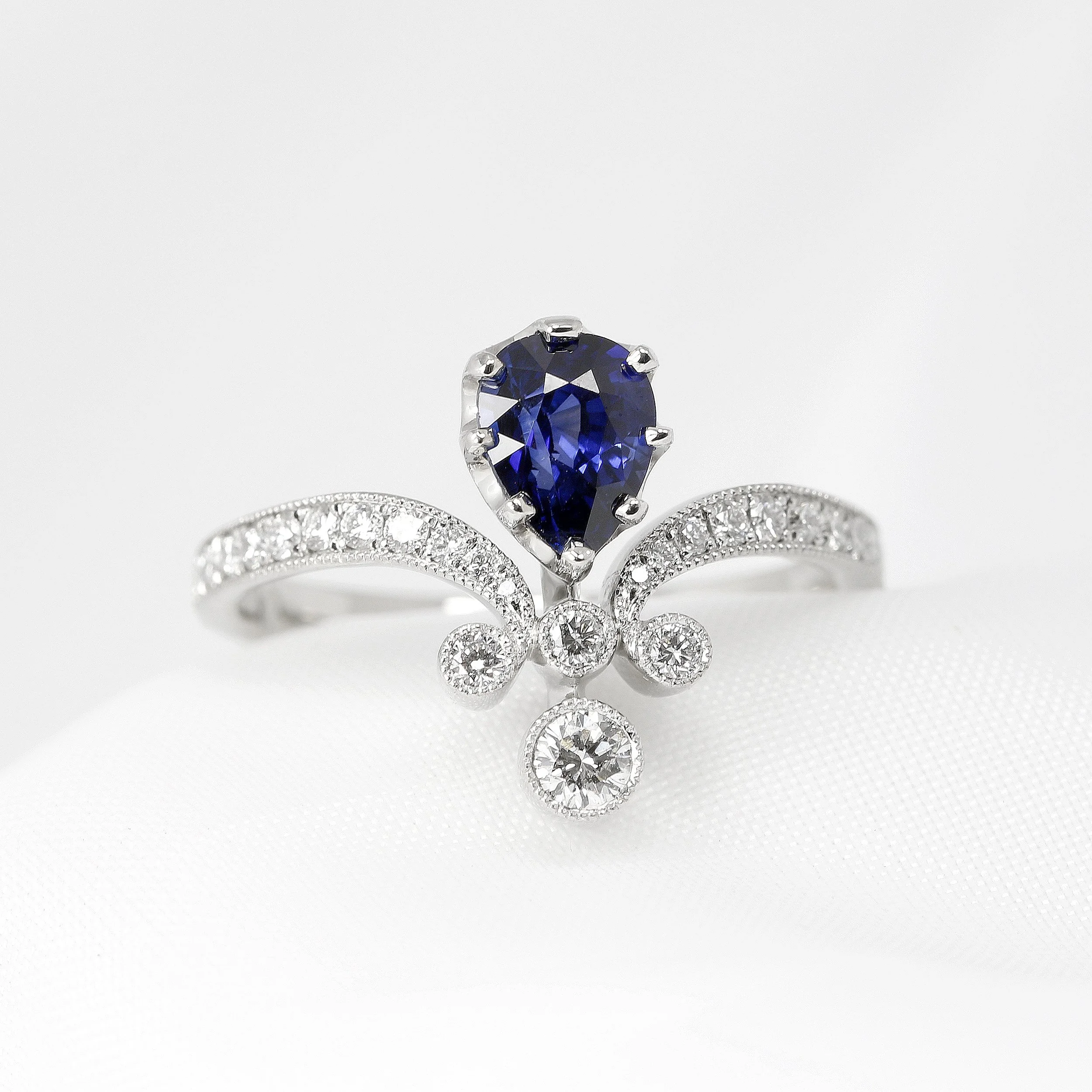 Blue Sapphire & Diamond Tiara Ring in Platinum