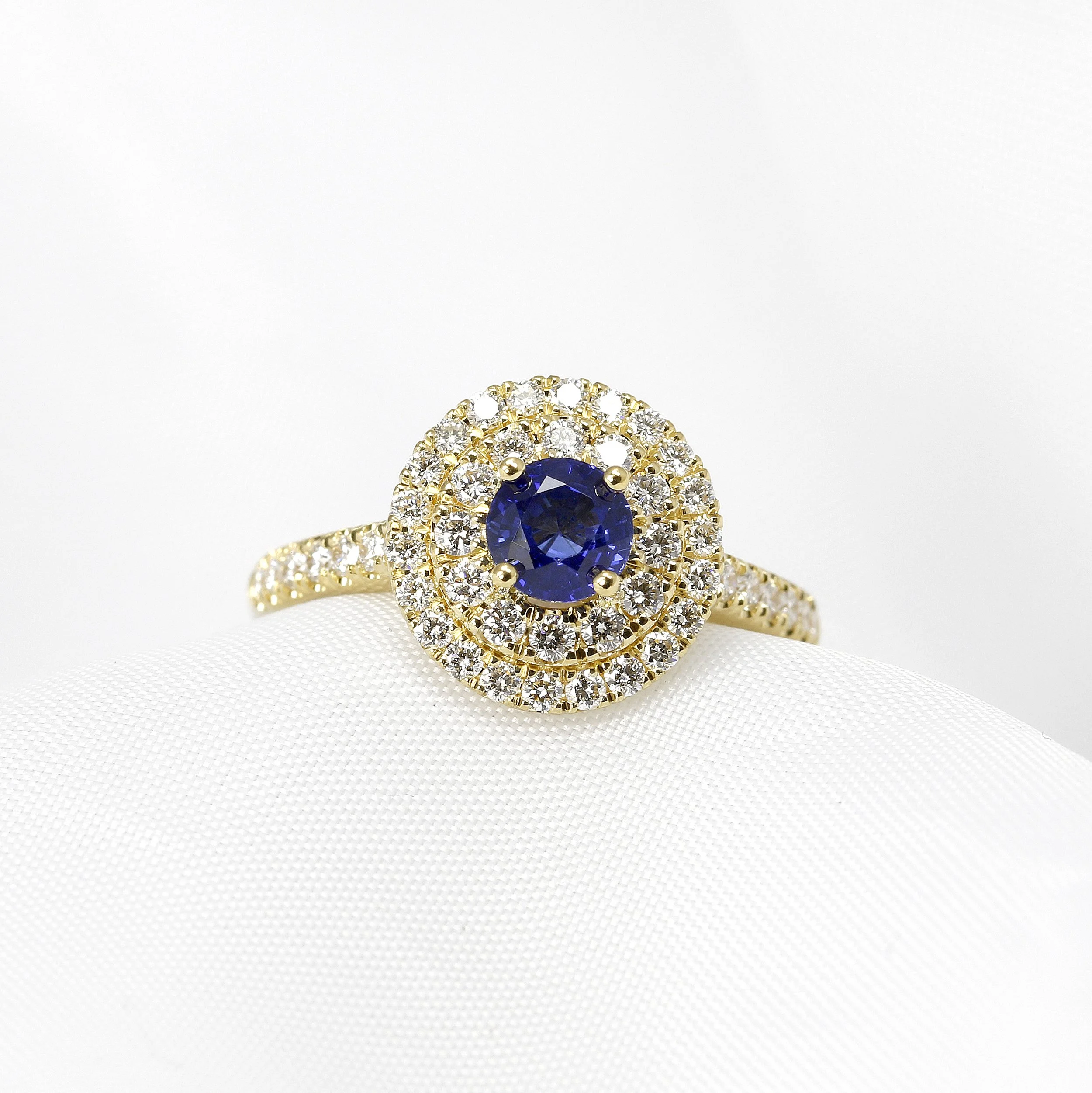 Sapphire & Diamond Double Halo Ring in Yellow Gold