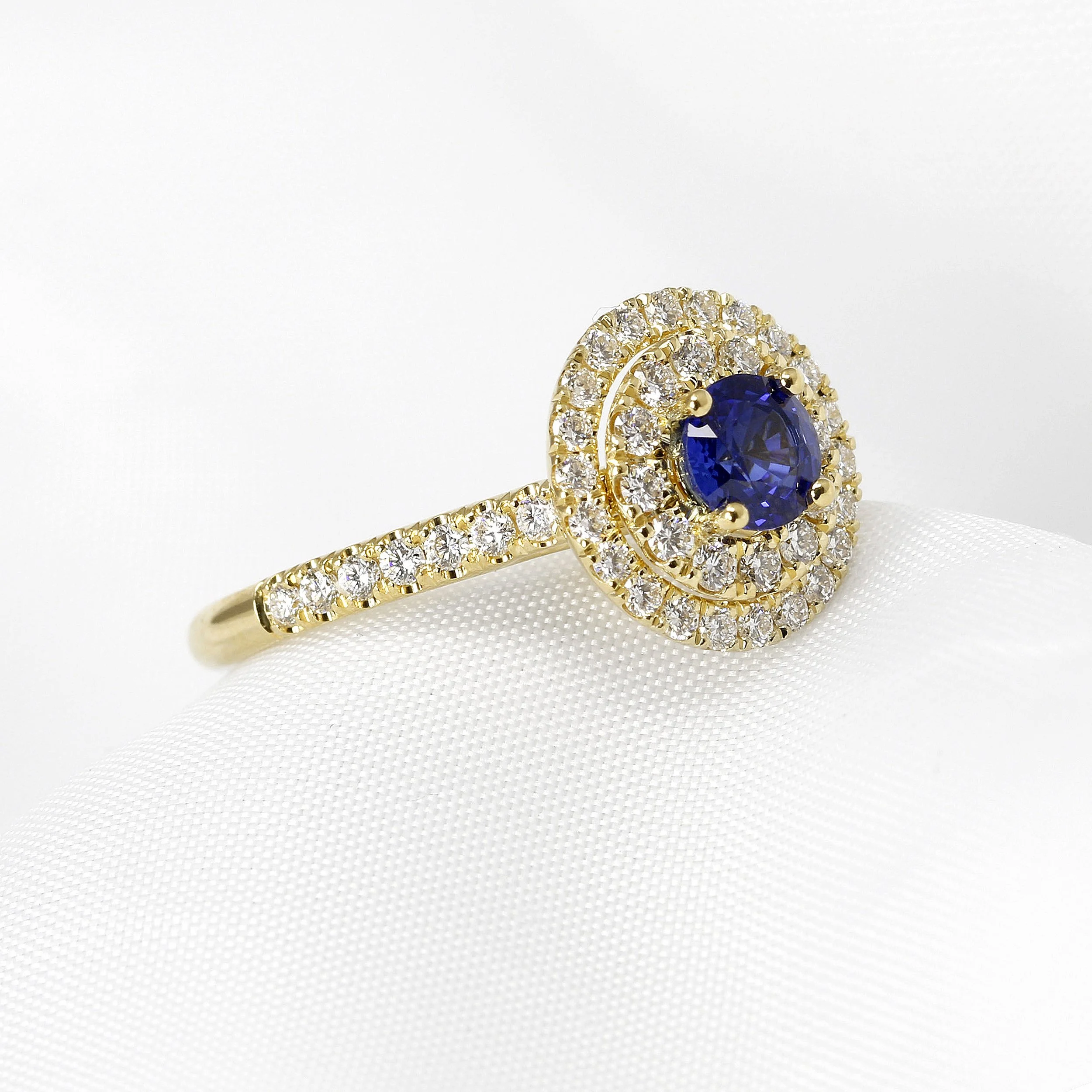 Sapphire & Diamond Double Halo Ring in Yellow Gold