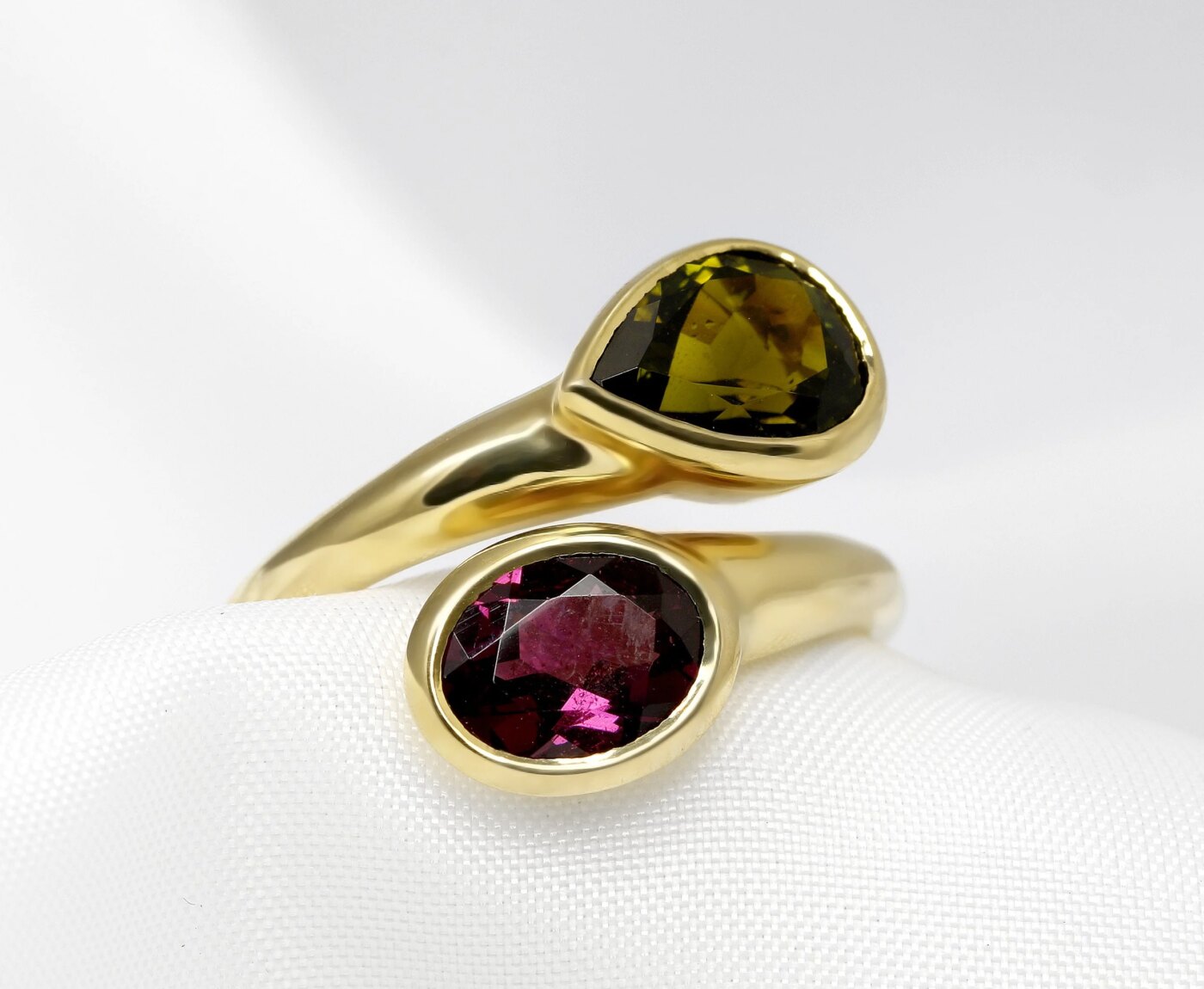 Almandine-Pyrope Garnet: Timothy Roe Garnet & Tourmaline Cross Over Ring in Yellow Gold 