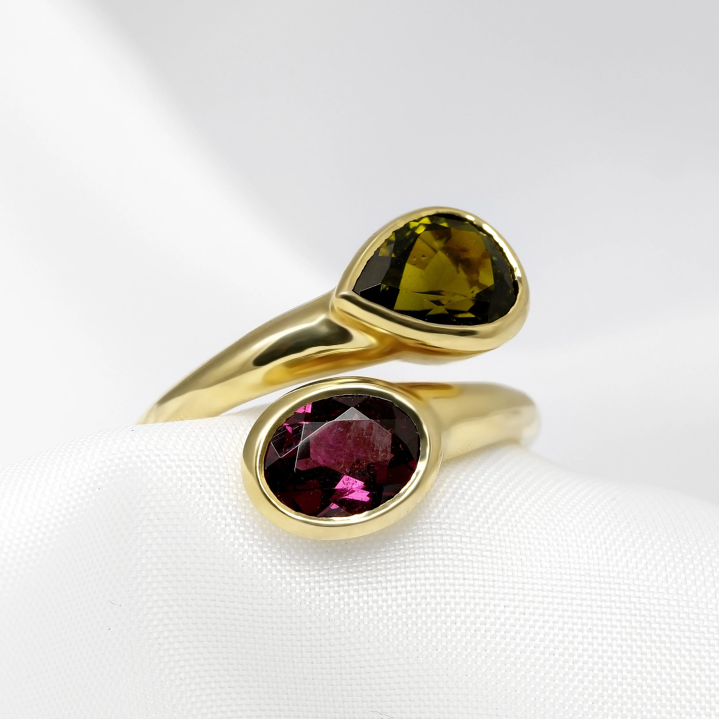 Garnet & Tourmaline Cross Over Ring in Yellow Gold