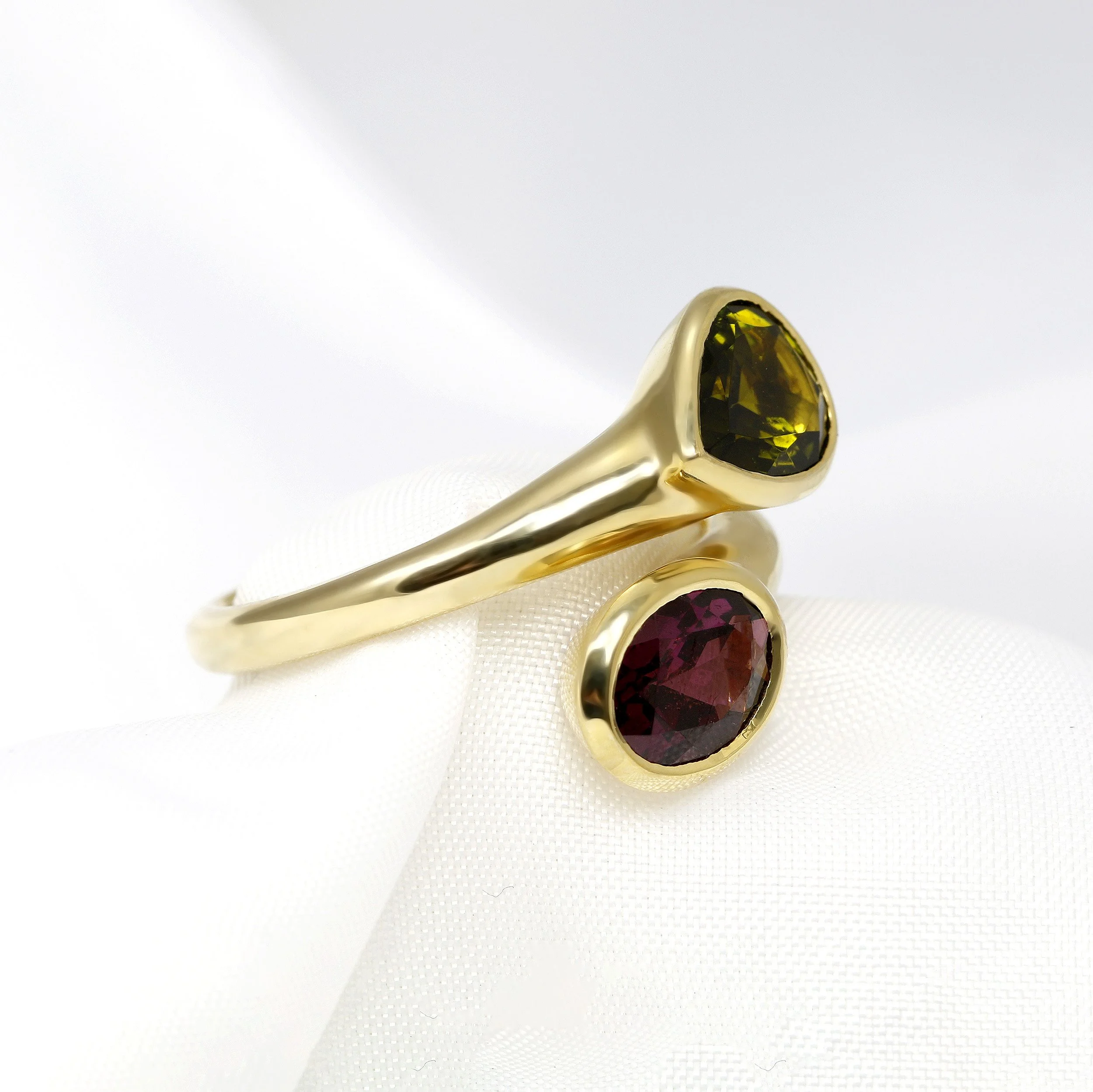 Garnet & Tourmaline Cross Over Ring in Yellow Gold