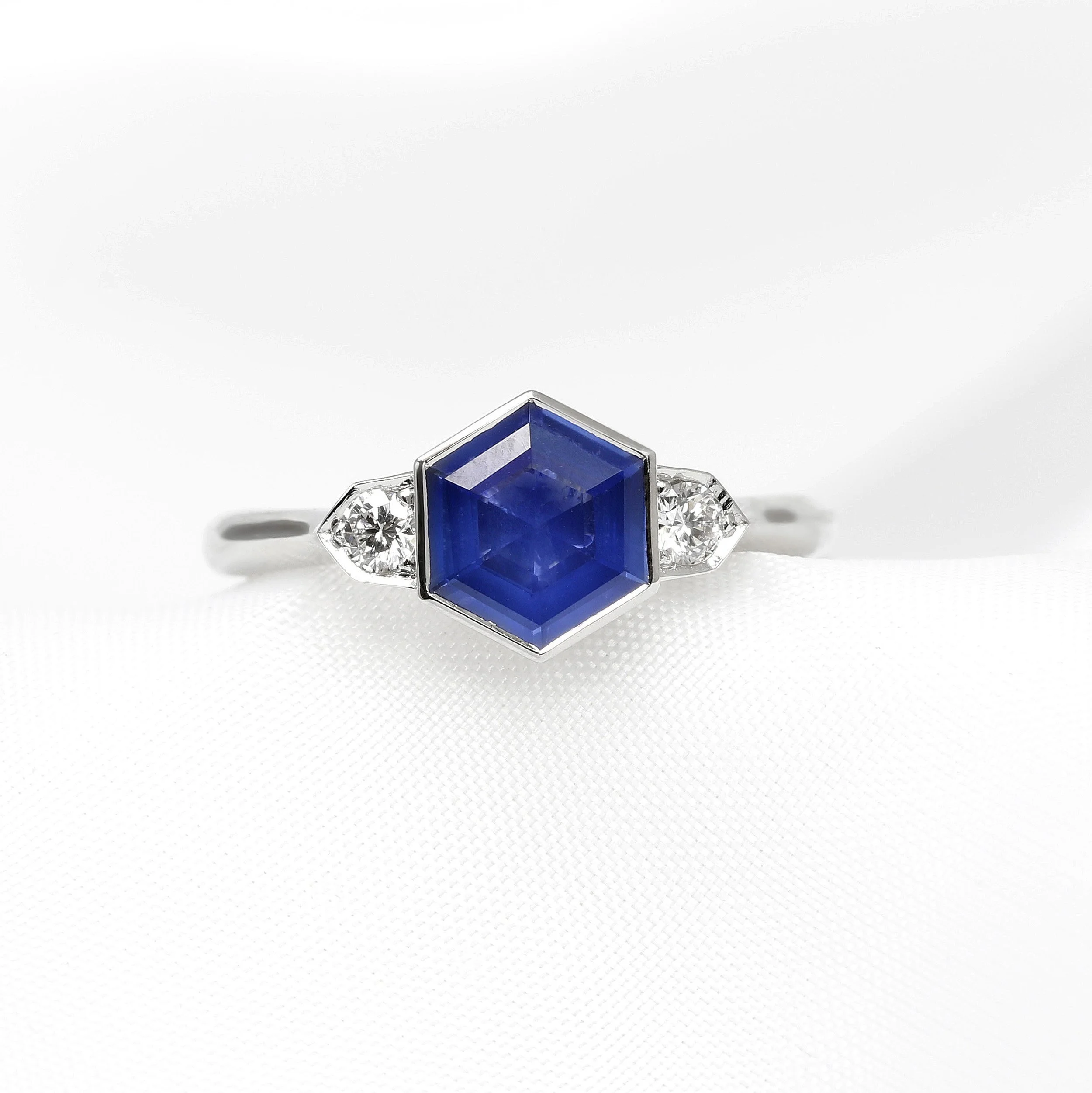 Hexagonal Blue Sapphire & Diamond Ring