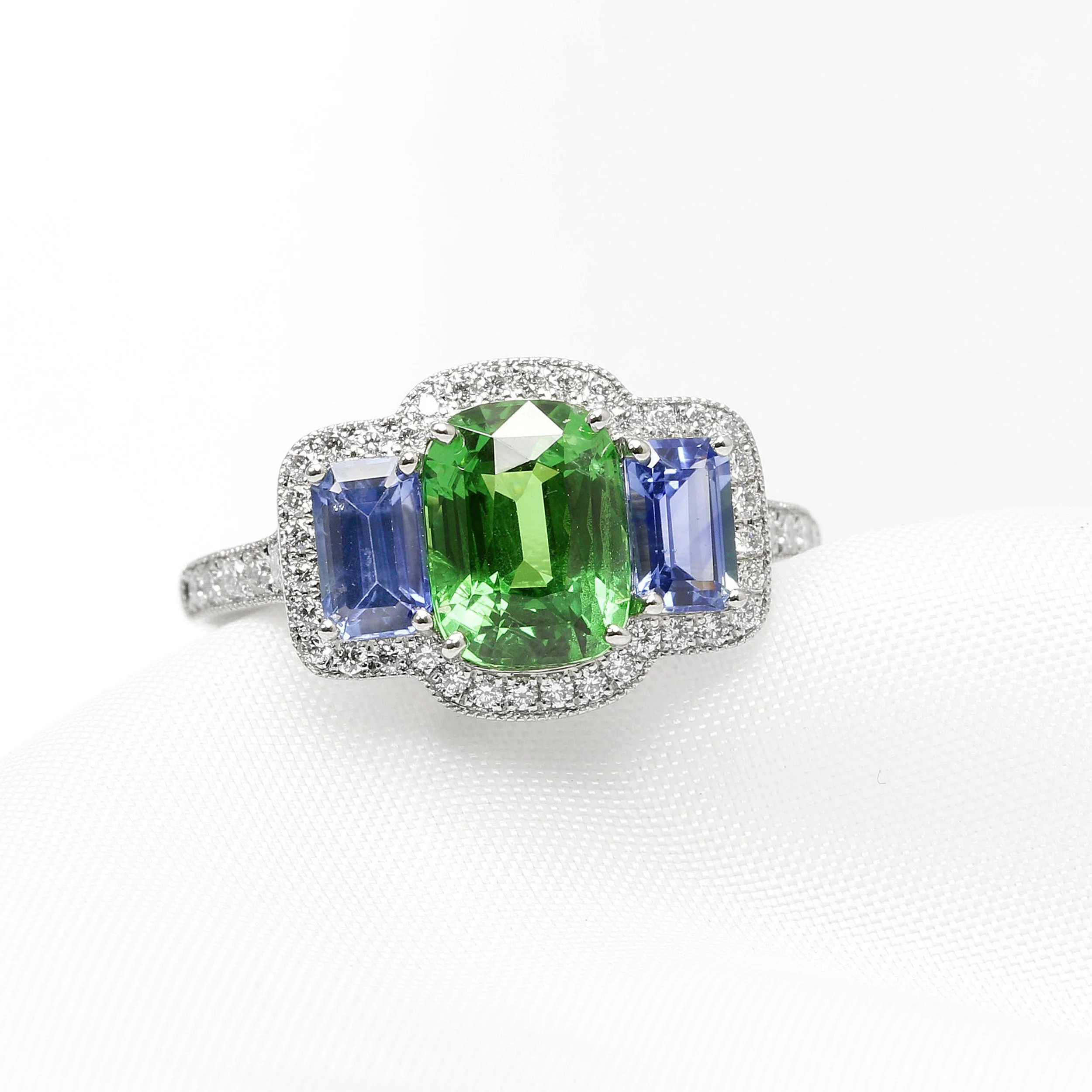 Tsavorite & Sapphire Ring in Platinum