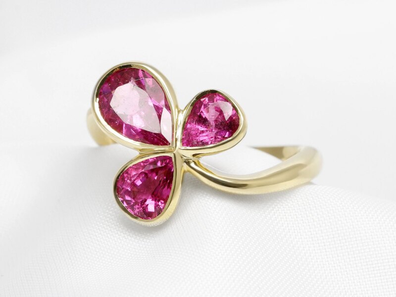 Pink Tourmaline Three Stone Ring in Yellow Gold 
