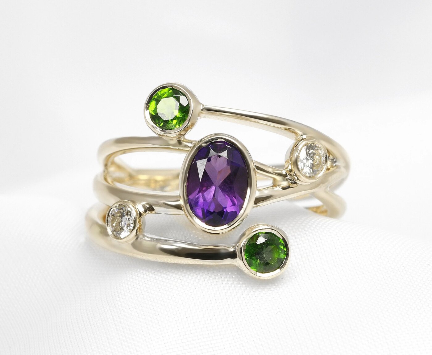 Chrome Diopside, Amethyst & Diamond Ring in 9ct Yellow Gold 