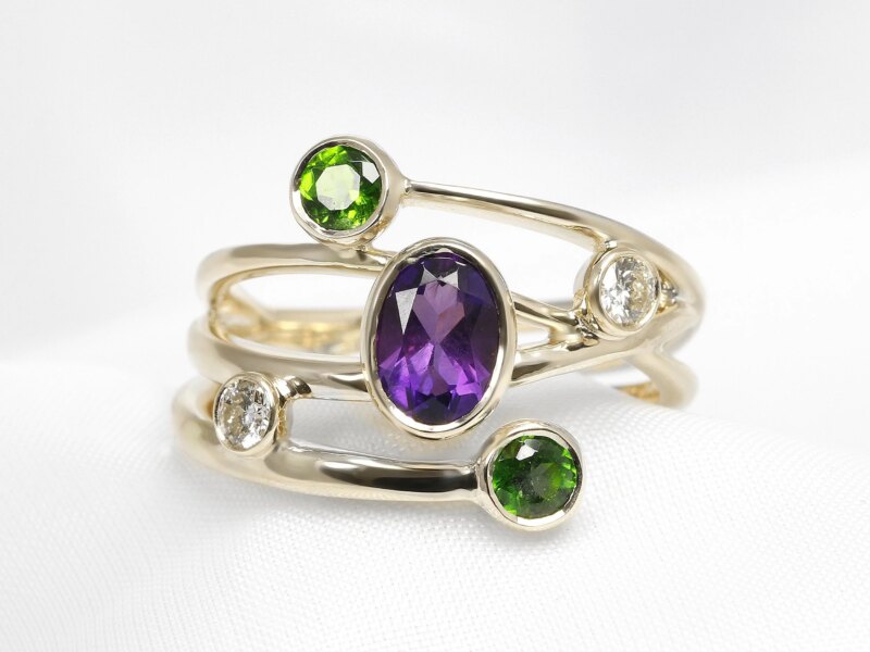 Chrome Diopside, Amethyst & Diamond Ring in 9ct Yellow Gold