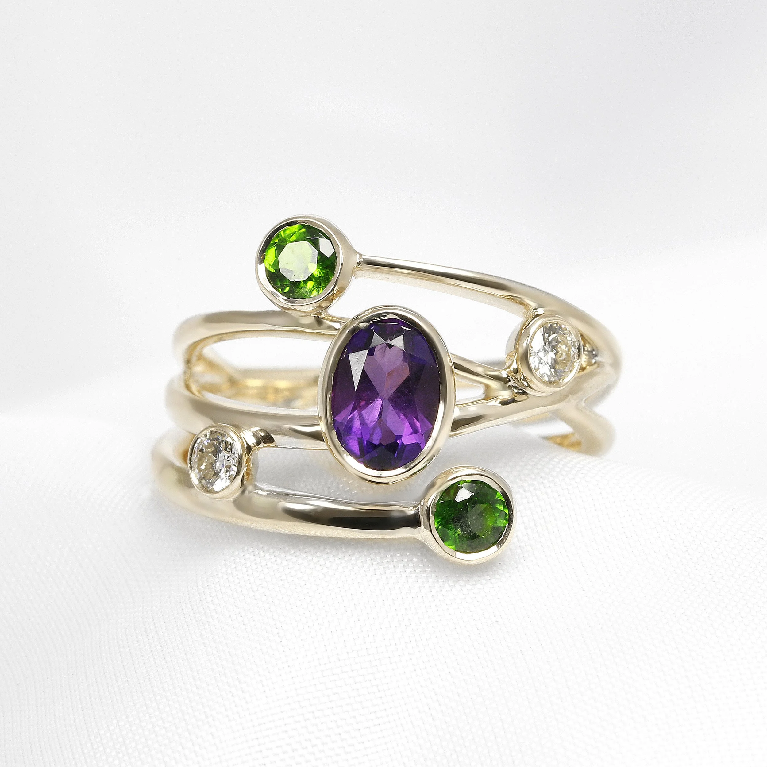 Chrome Diopside, Amethyst & Diamond Ring