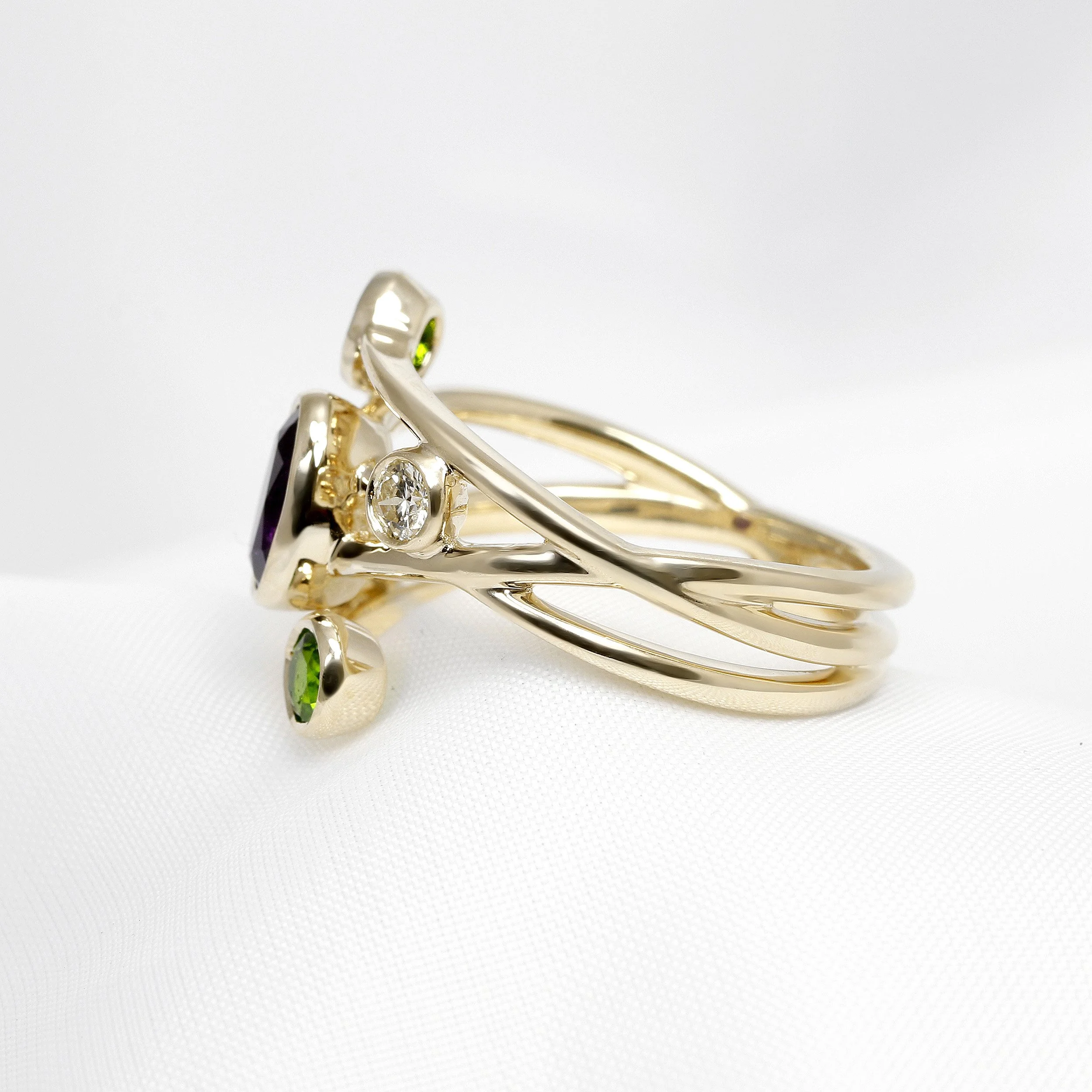 Chrome Diopside, Amethyst & Diamond Ring
