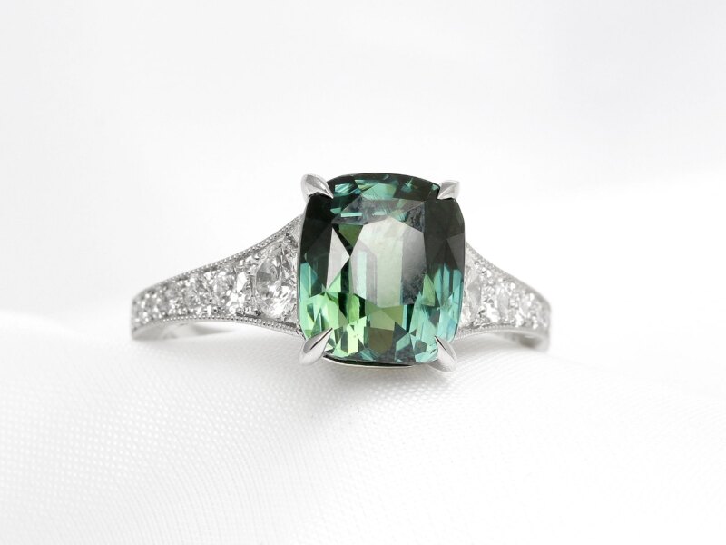 Teal Sapphire & Diamond Ring