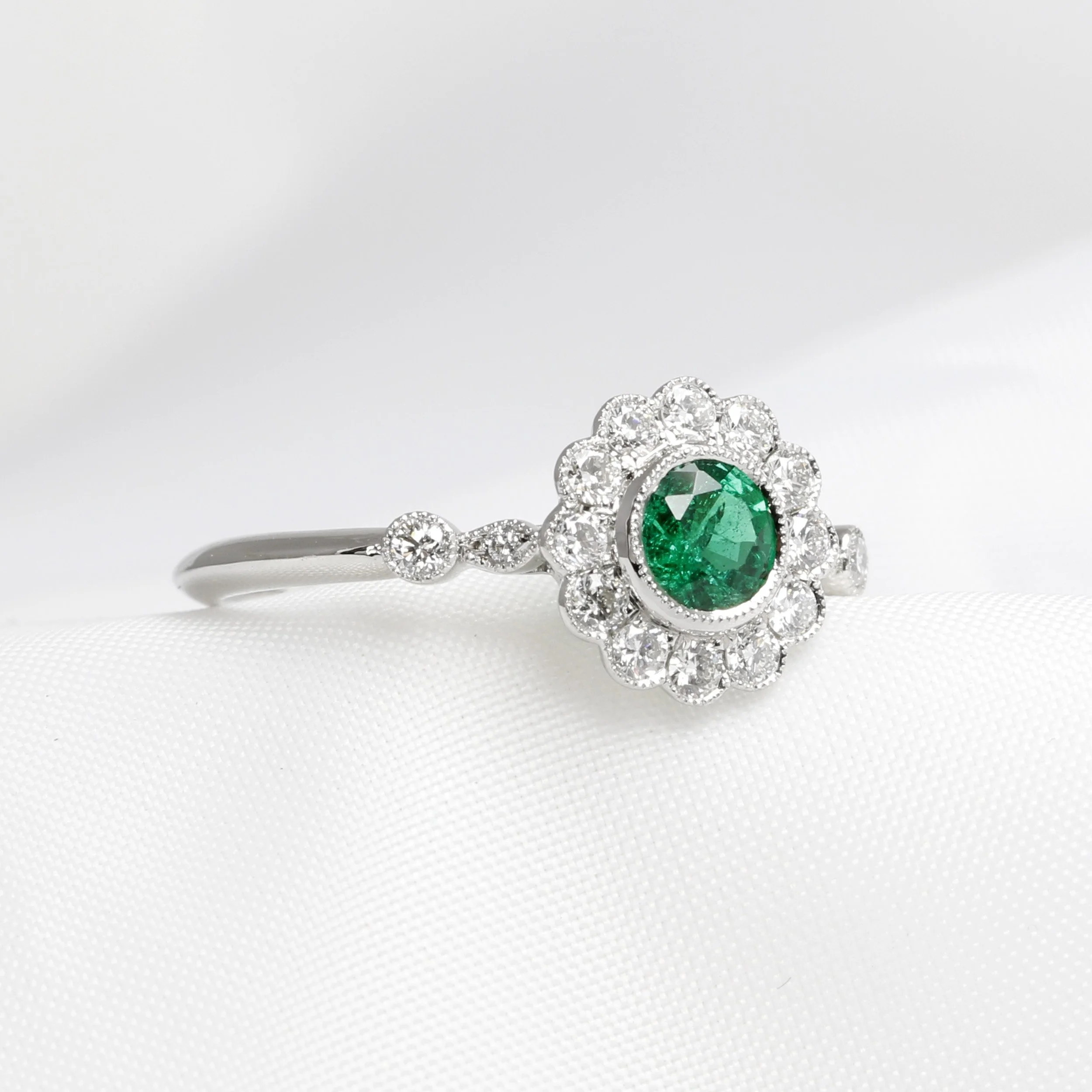 Emerald & Diamond Daisy Edge Cluster Ring