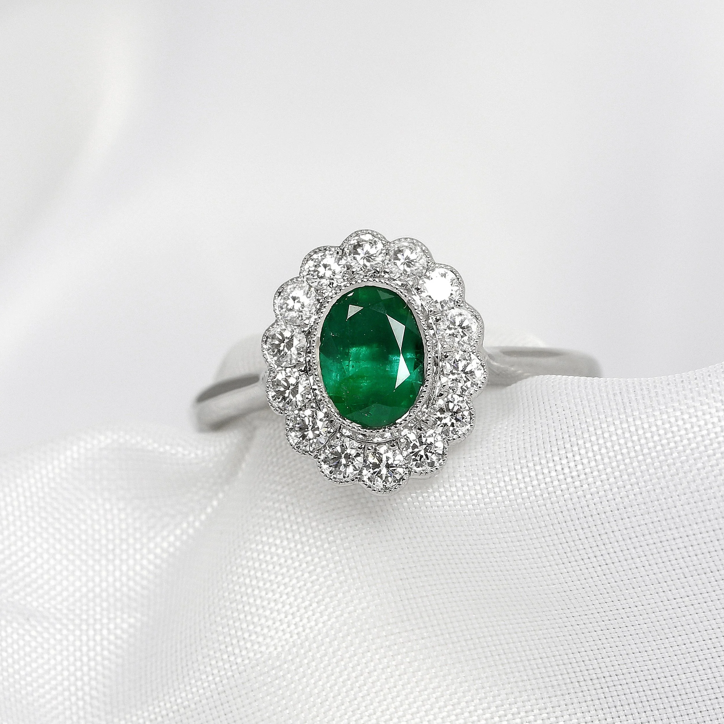 Emerald & Diamond Cluster Ring in Platinum