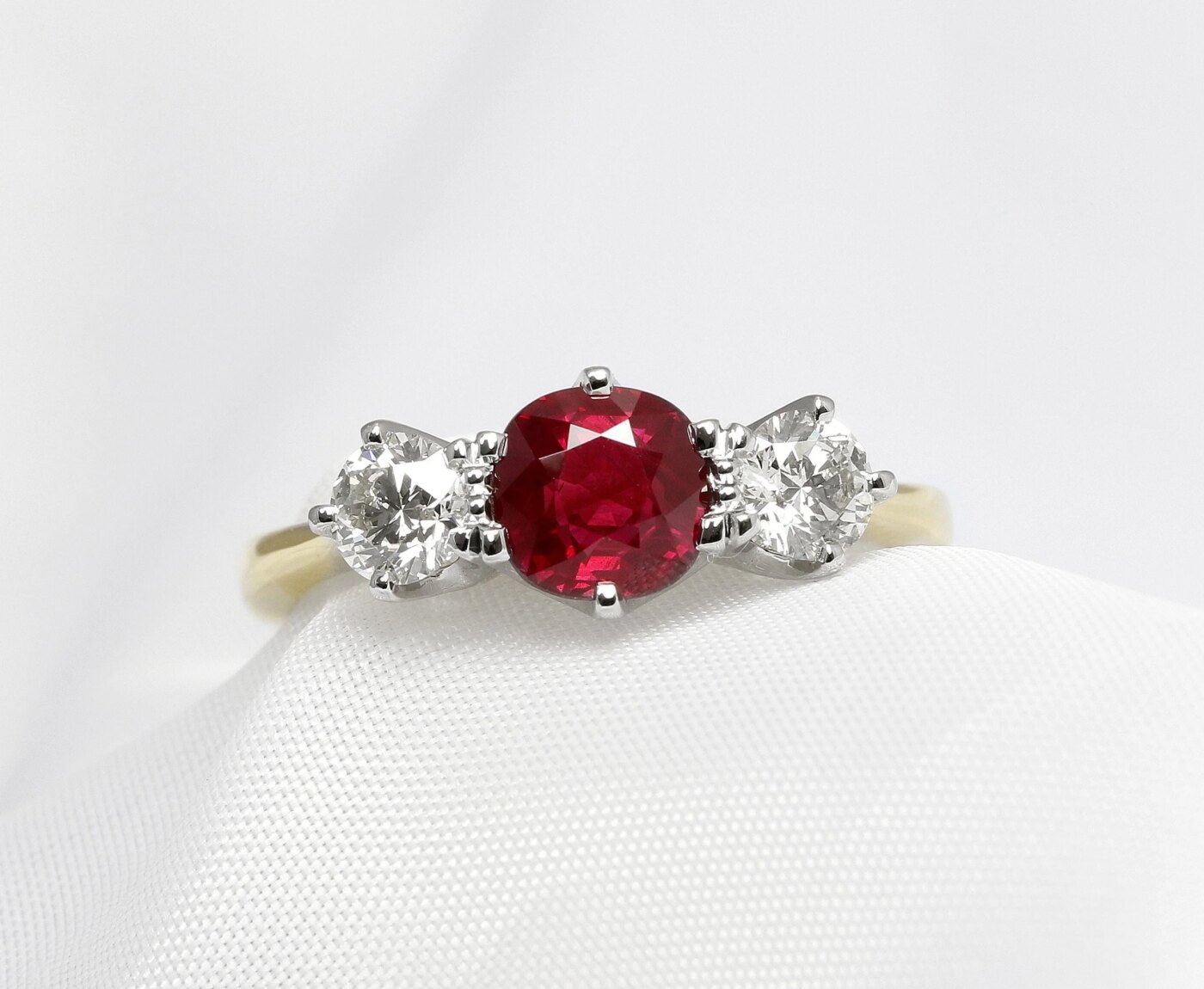 Ruby & Diamond Three Stone Ring in Platinum & Yellow Gold £7,495.00 with Certificate