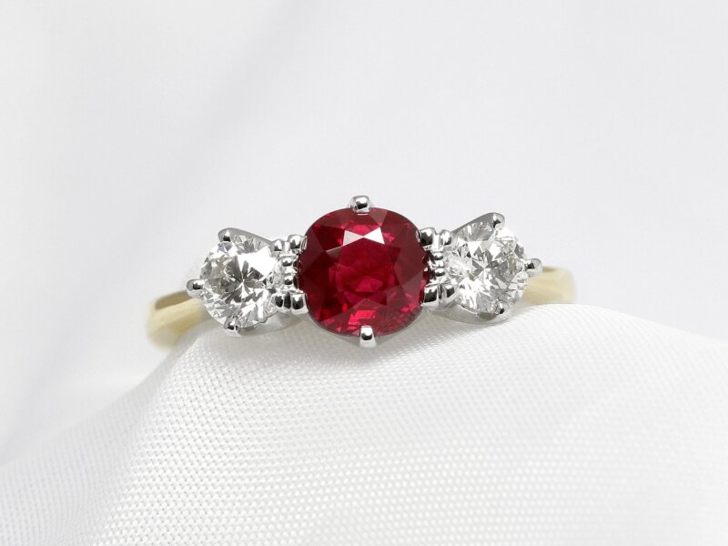 Ruby & Diamond Three Stone Ring in Platinum & Yellow Gold