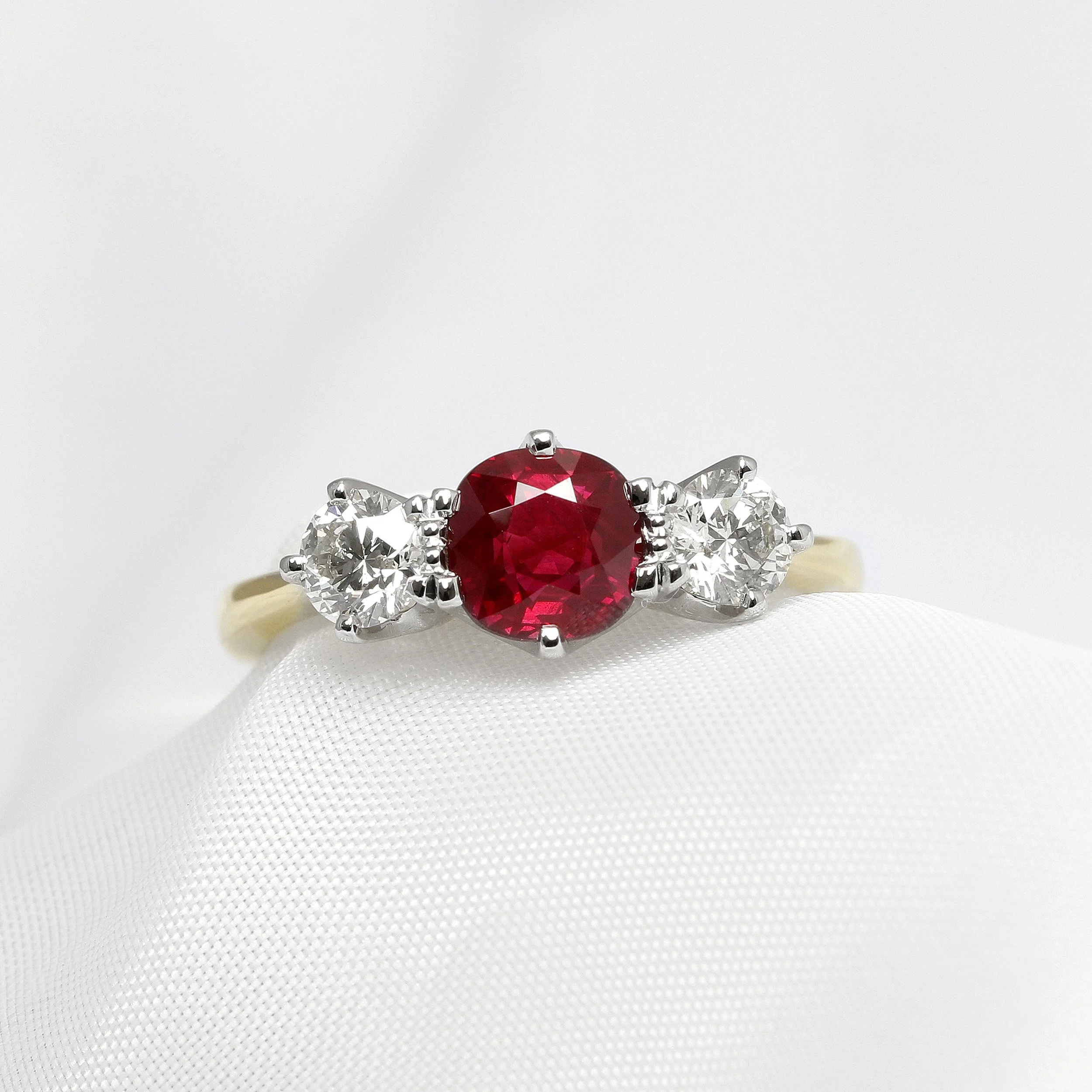 Ruby & Diamond Three Stone Ring in Platinum & Yellow Gold