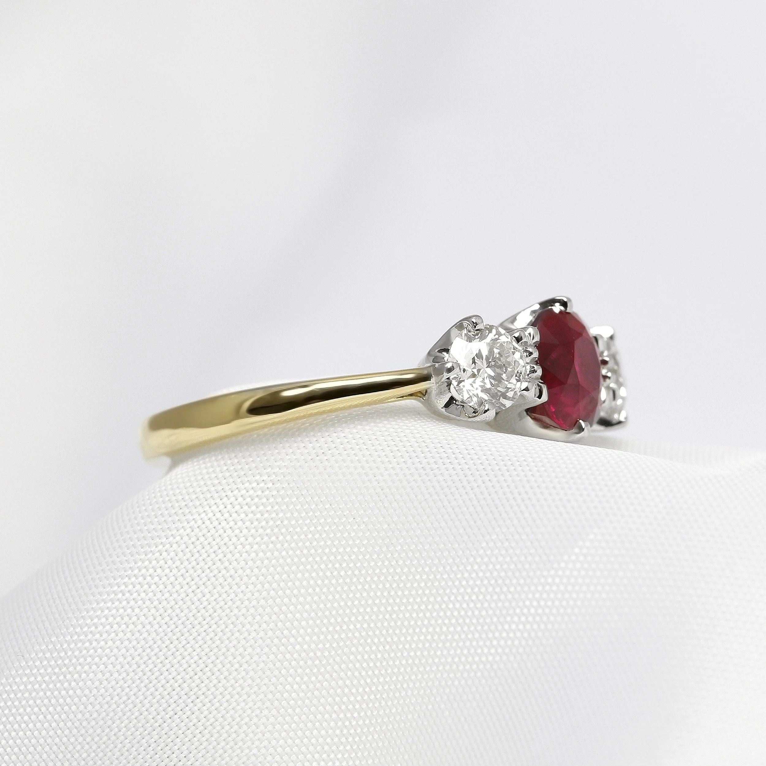 Ruby & Diamond Three Stone Ring in Platinum & Yellow Gold