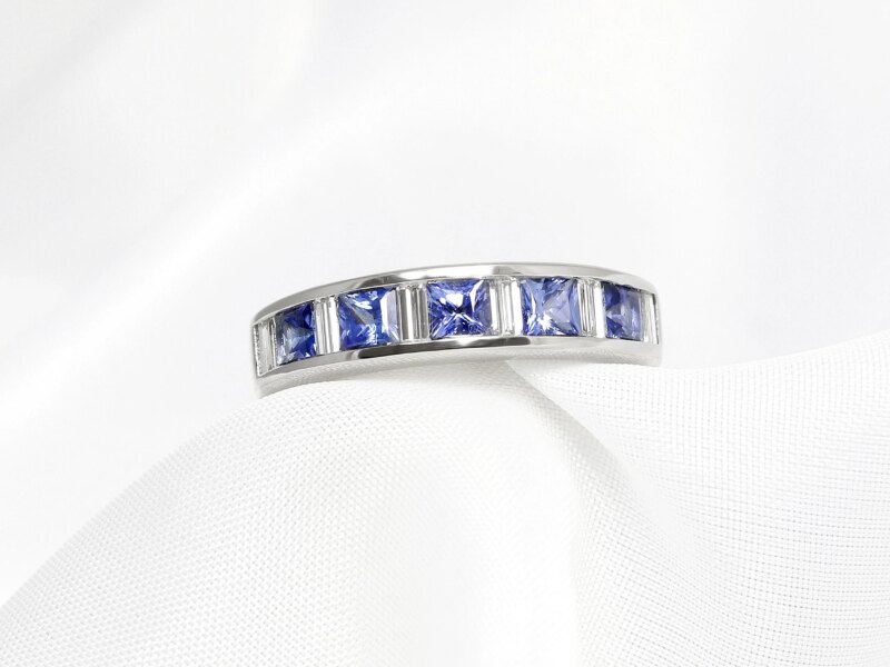 Blue Sapphire & Baguette Diamond Eternity Ring 