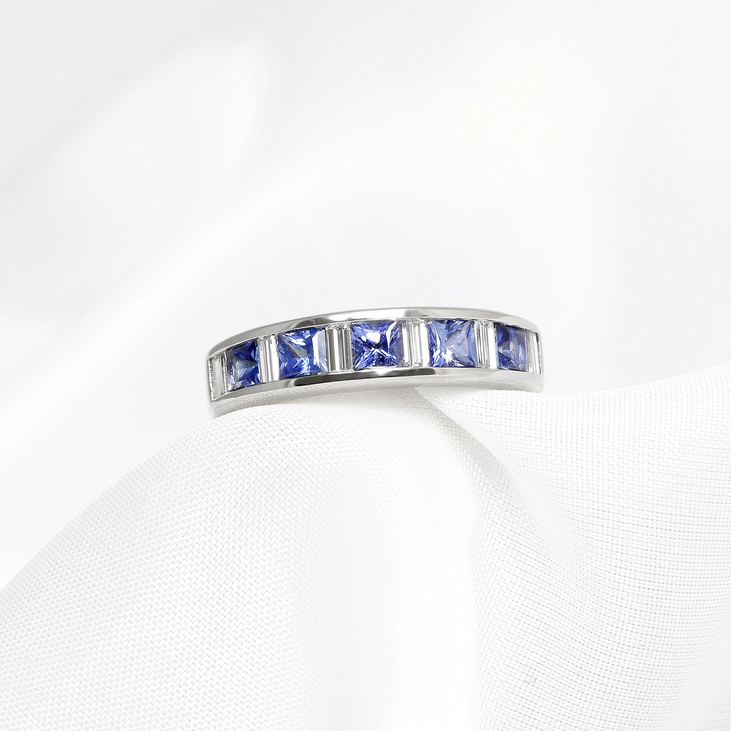 Blue Sapphire & Baguette Diamond Eternity Ring