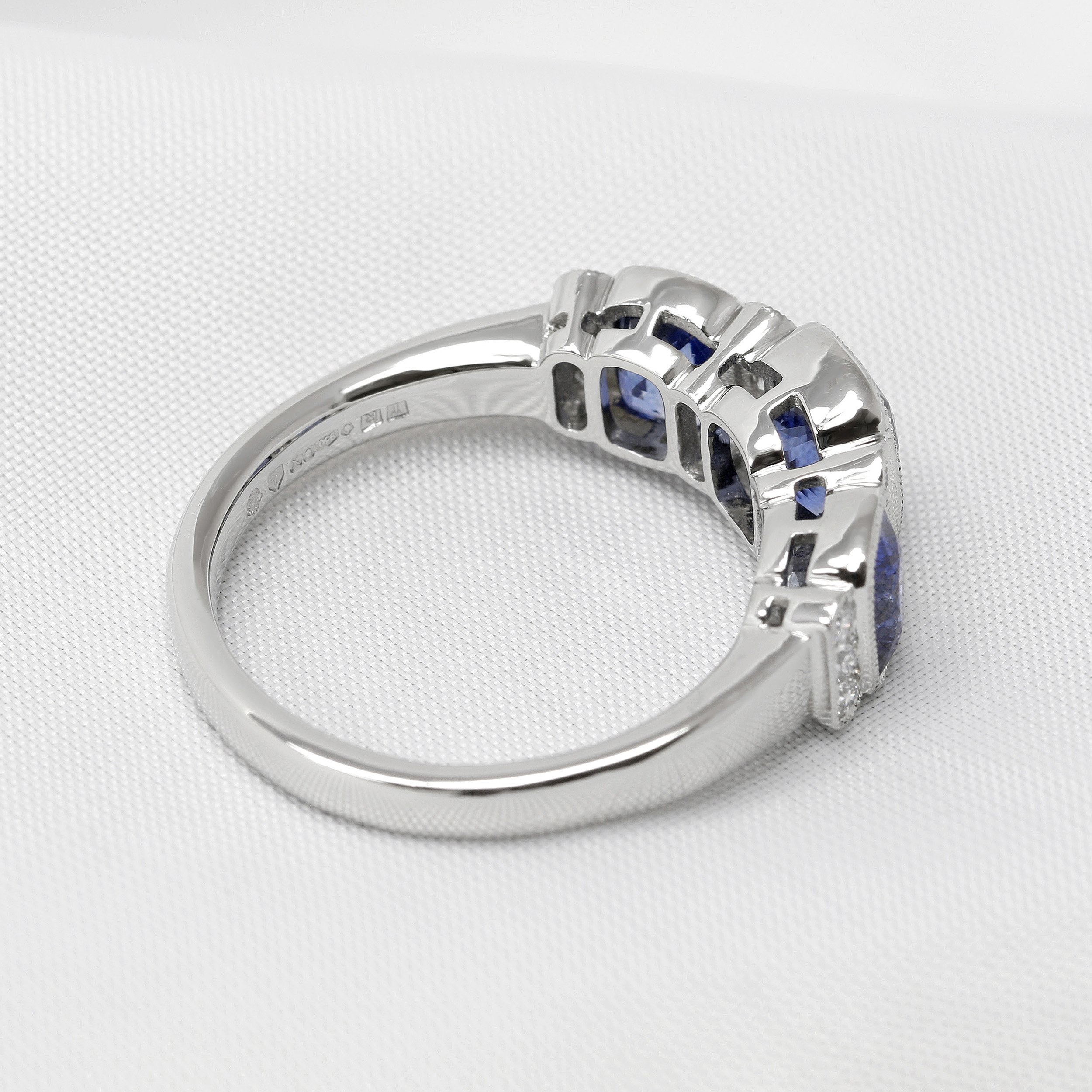 Cushion Cut Blue Sapphire & Diamond Ring in Platinum