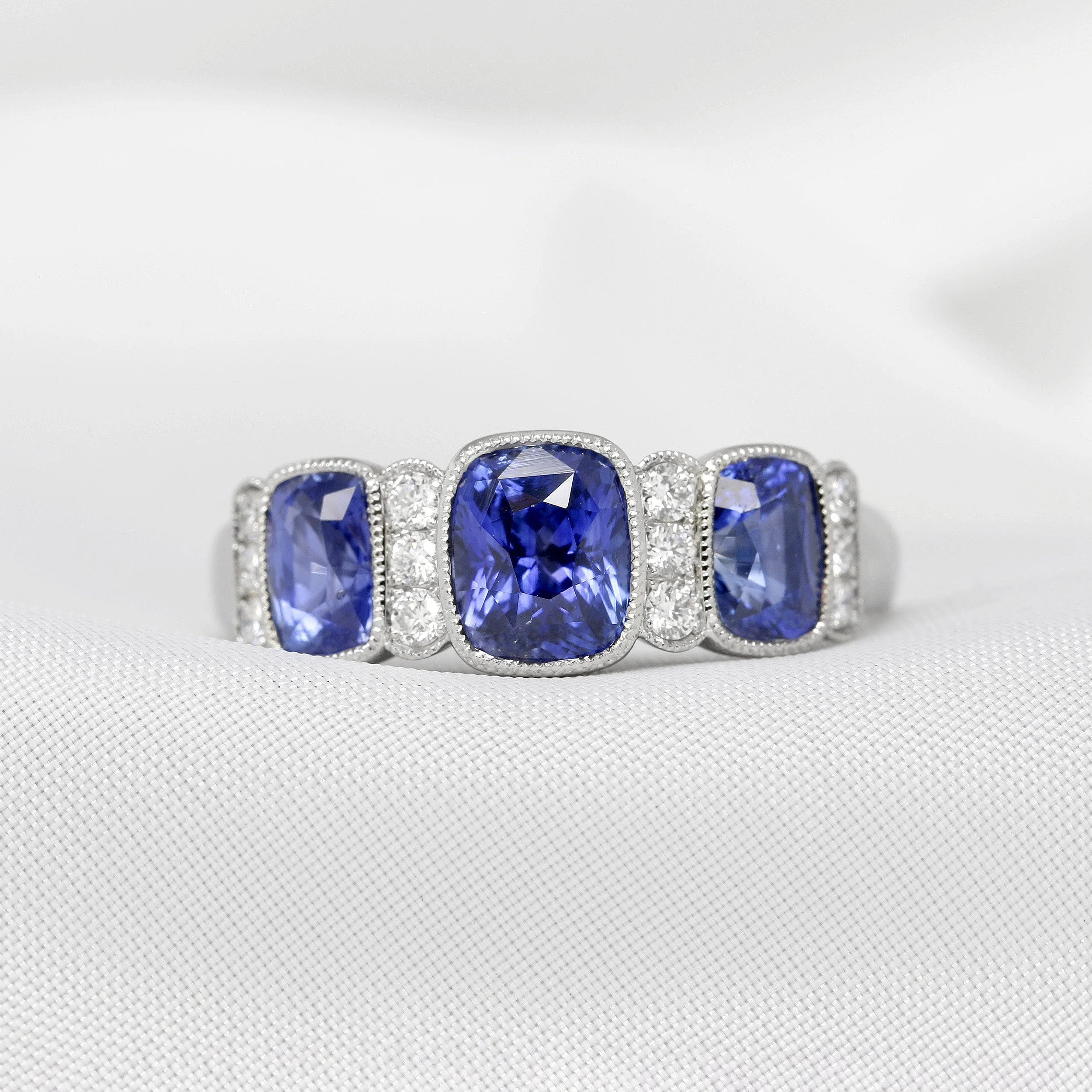 Cushion Cut Blue Sapphire & Diamond Ring in Platinum