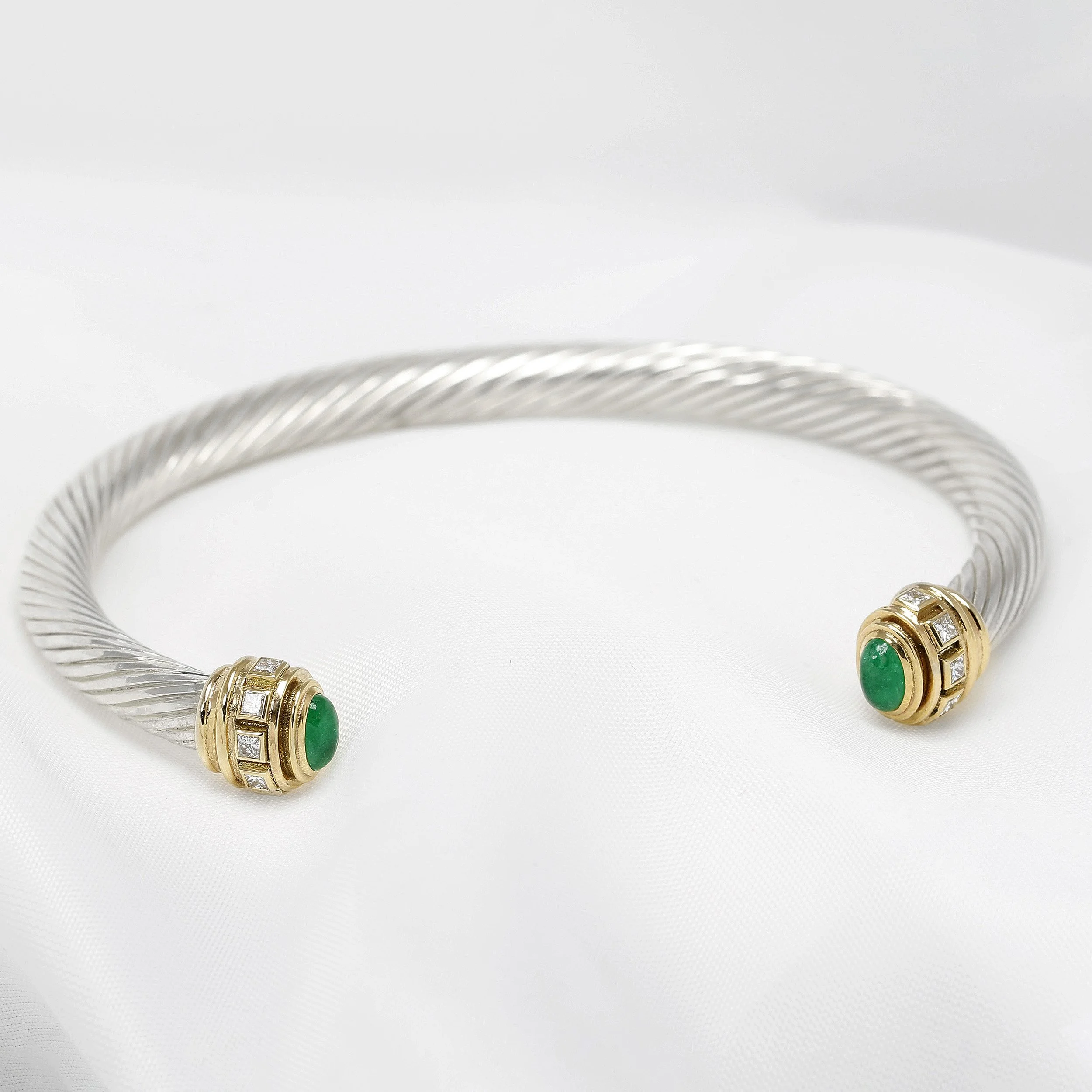 Emerald & Diamond Twist Bangle in Silver & Yellow Gold