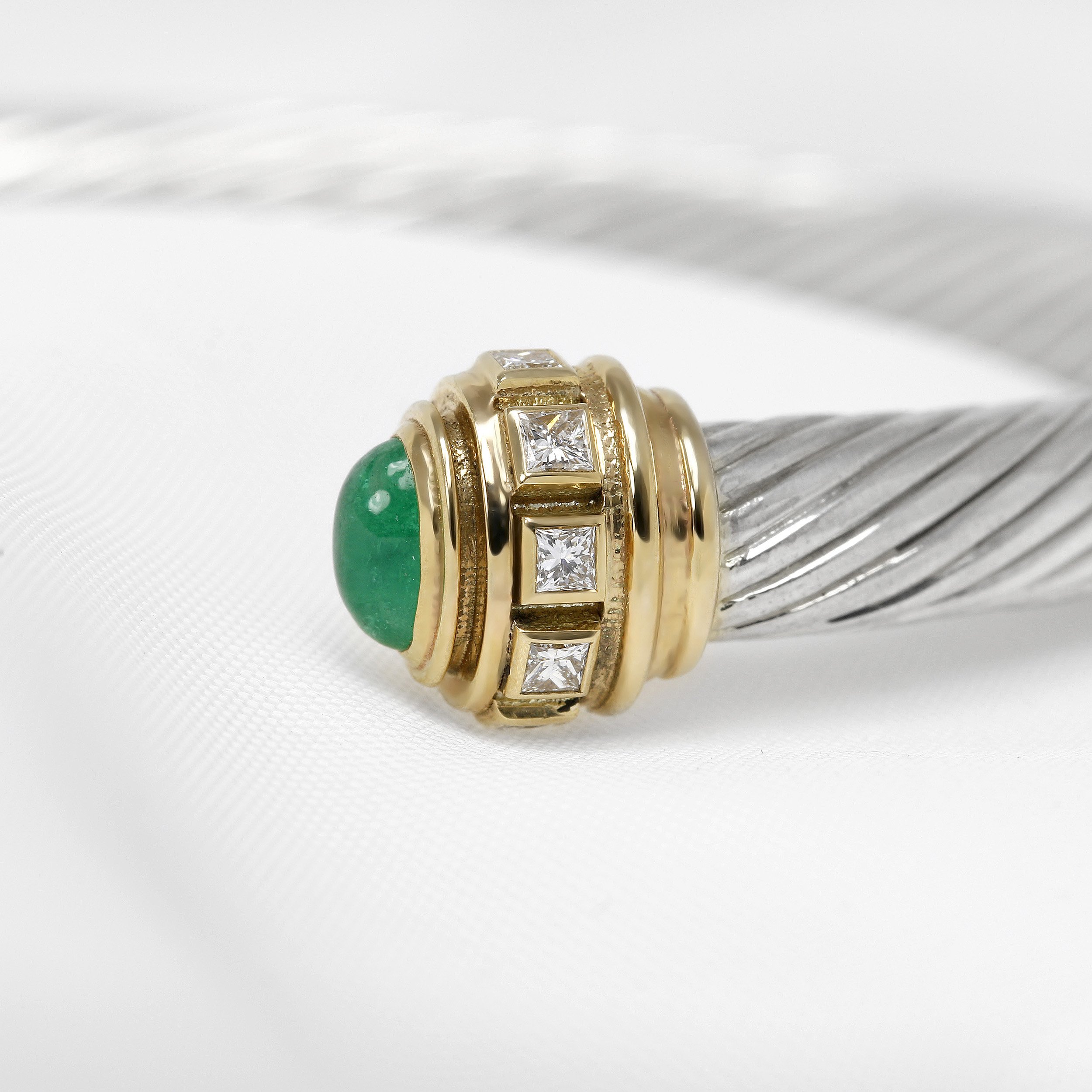 Emerald & Diamond Twist Bangle in Silver & Yellow Gold