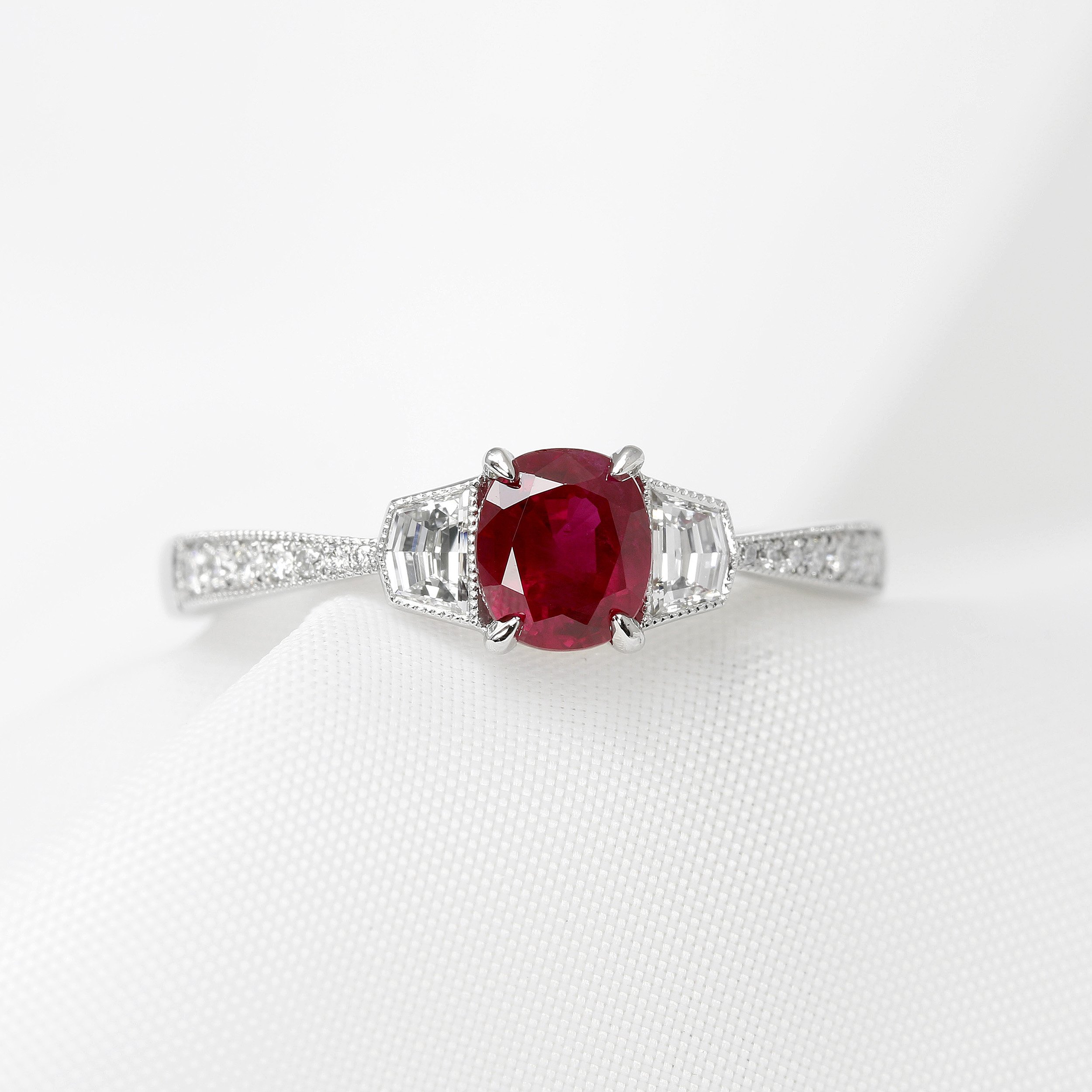 Ruby & Cadillac Diamond Three Stone Ring in Platinum
