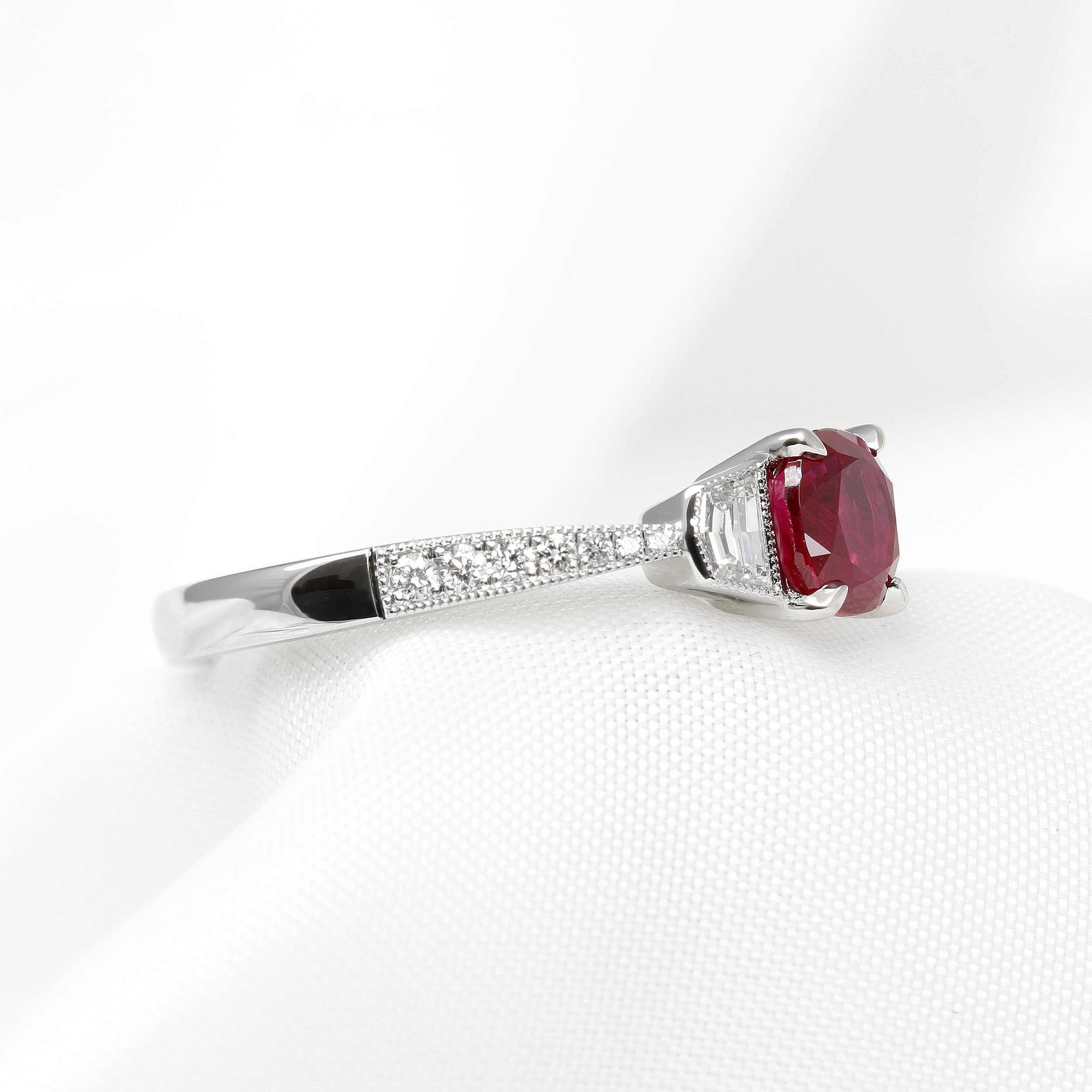 Ruby & Cadillac Diamond Three Stone Ring in Platinum