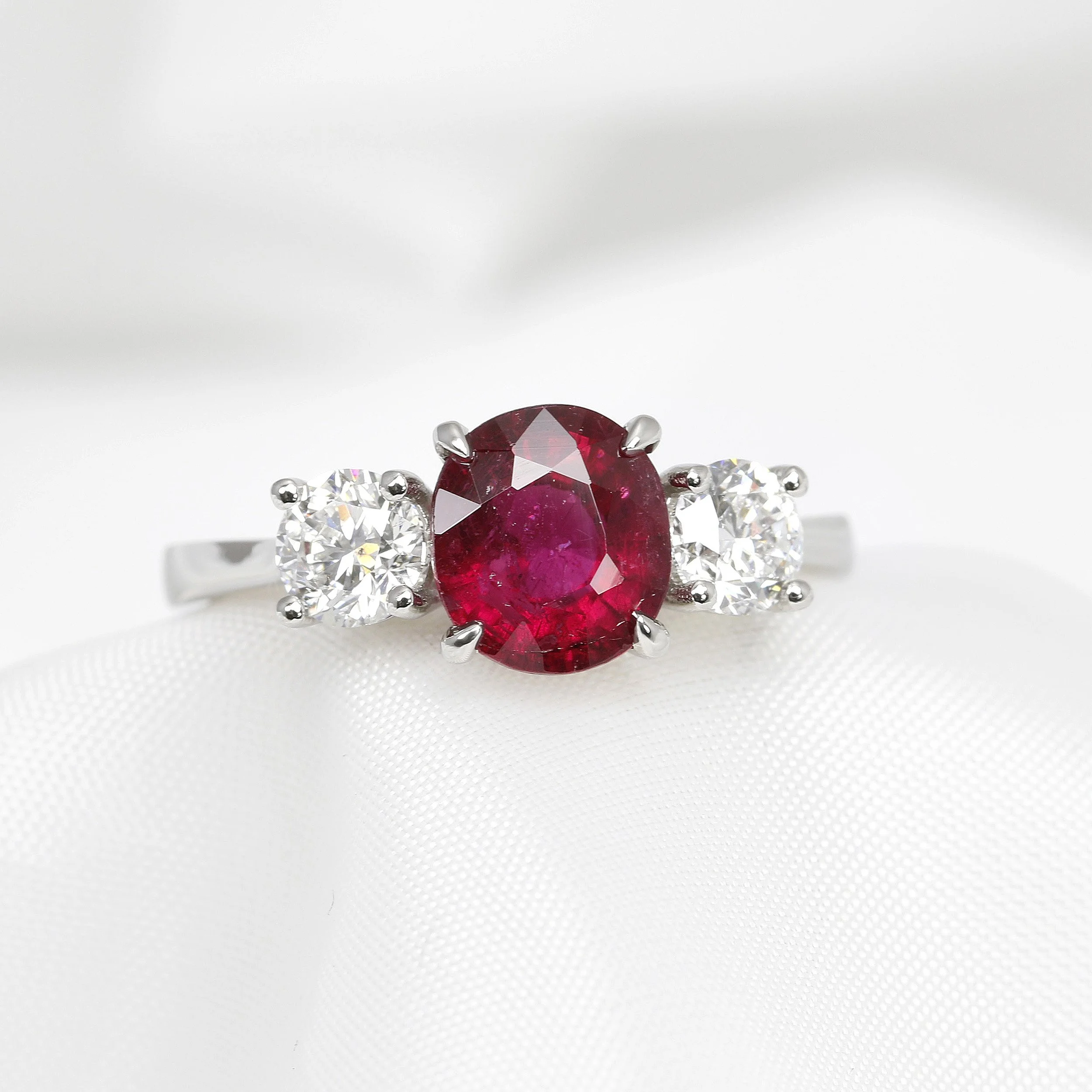 Rubellite Tourmaline & Diamond Three Stone Ring