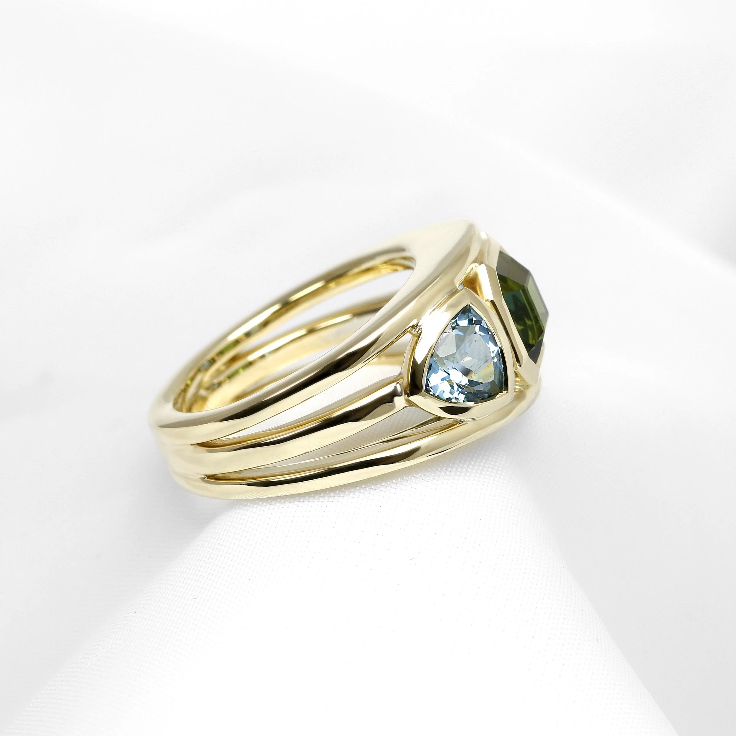Tourmaline & Aquamarine Three Stone Ring in Yellow Gold