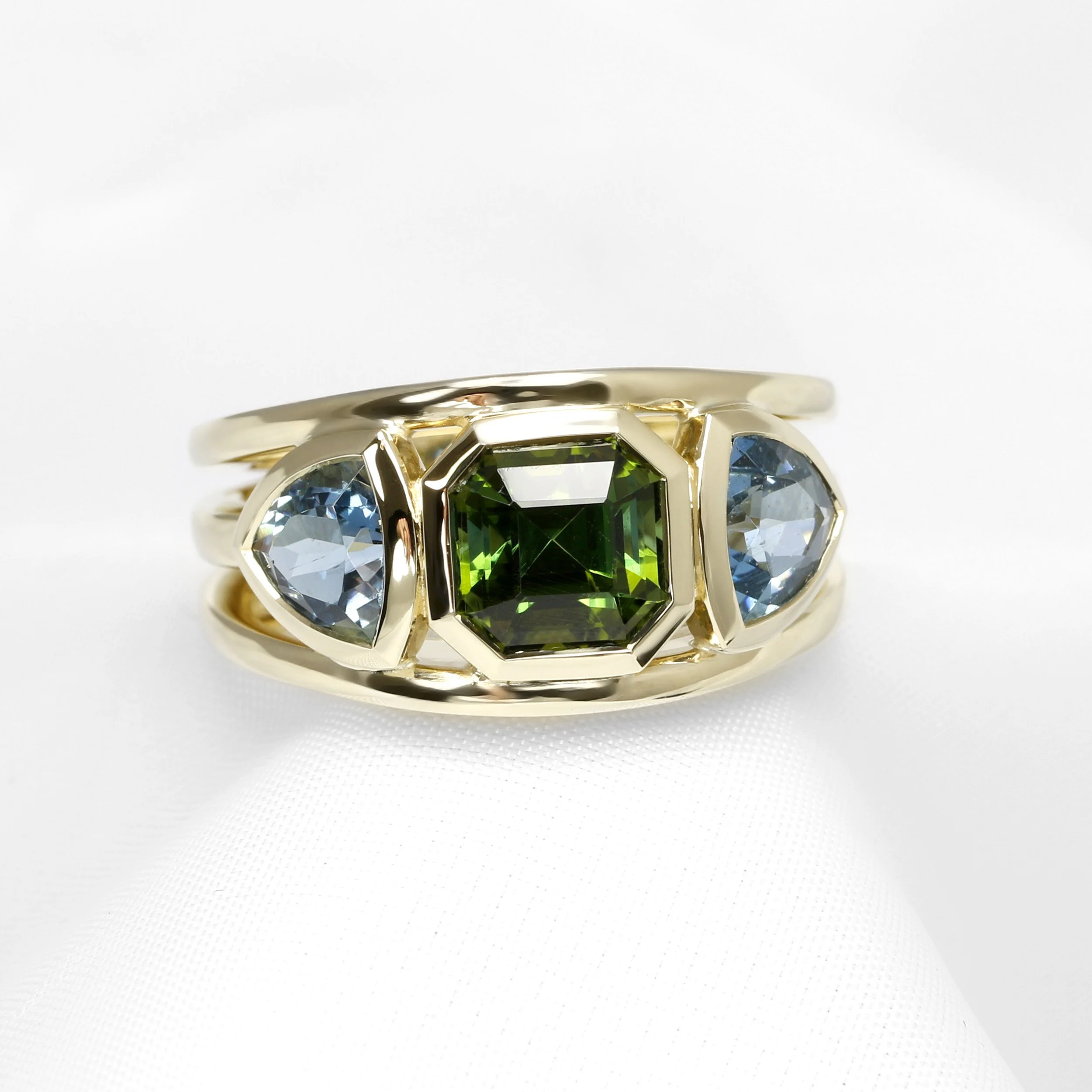 Tourmaline & Aquamarine Three Stone Ring in Yellow Gold