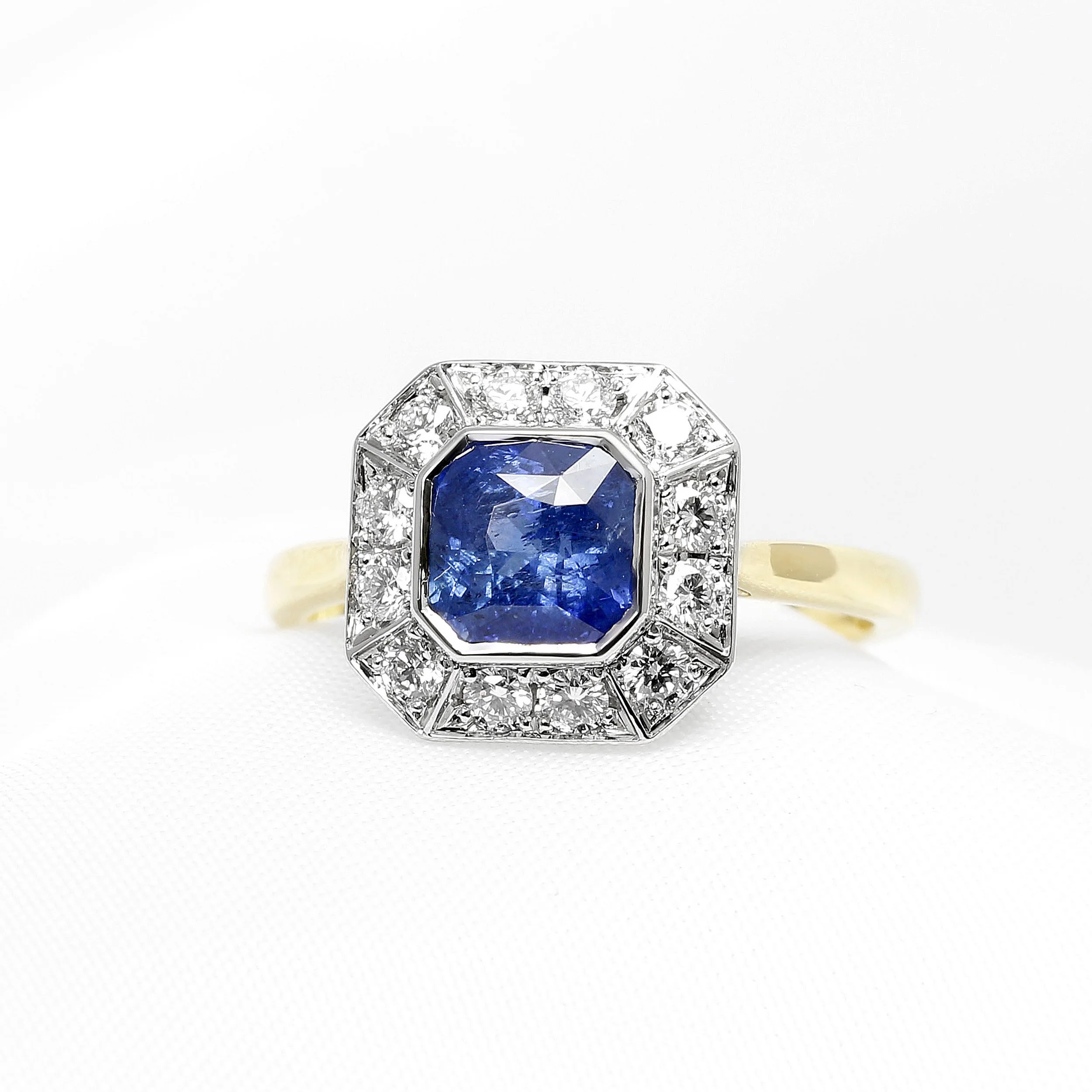 Blue Octagonal Sapphire Cluster Ring in Platinum & Yellow Gold