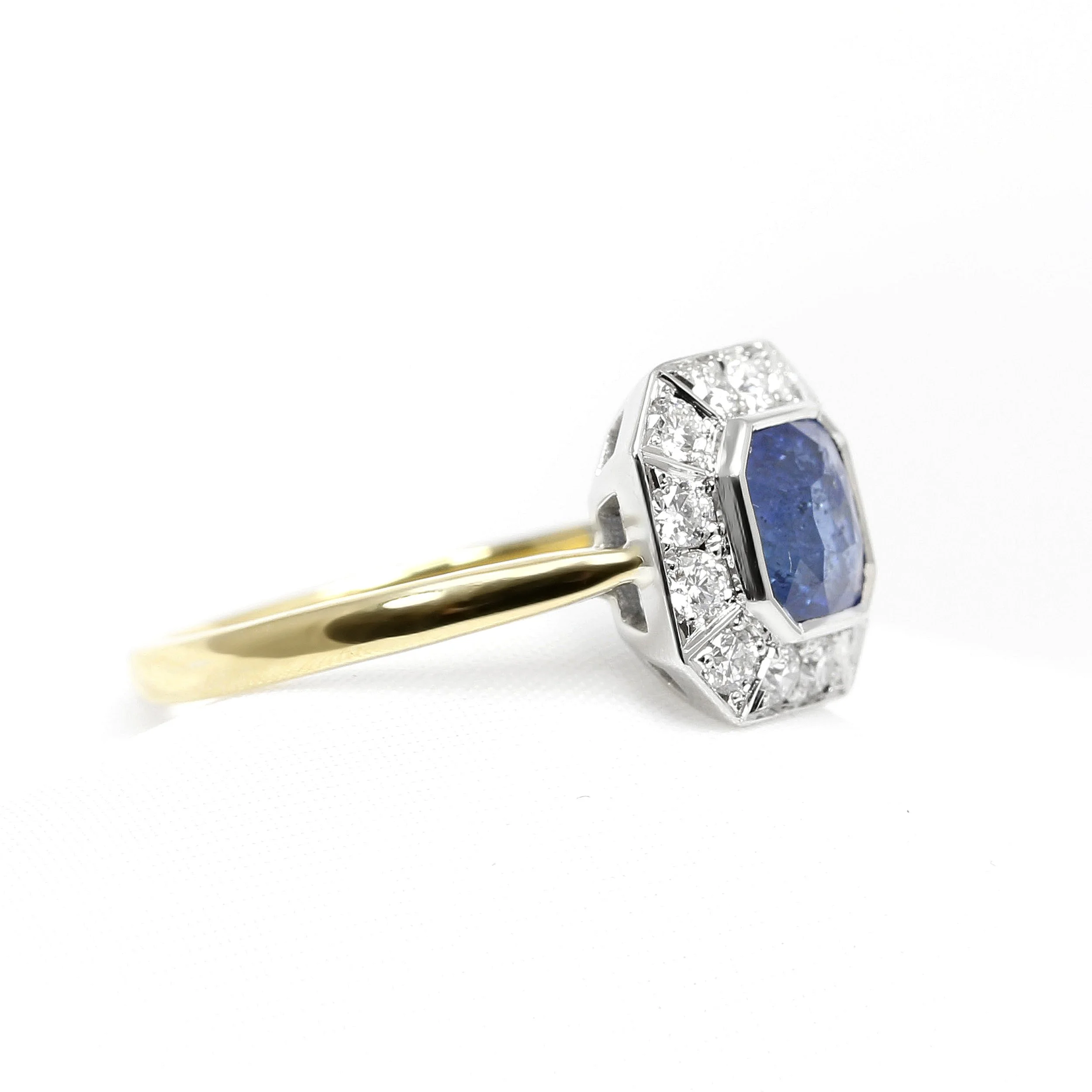 Blue Octagonal Sapphire Cluster Ring in Platinum & Yellow Gold