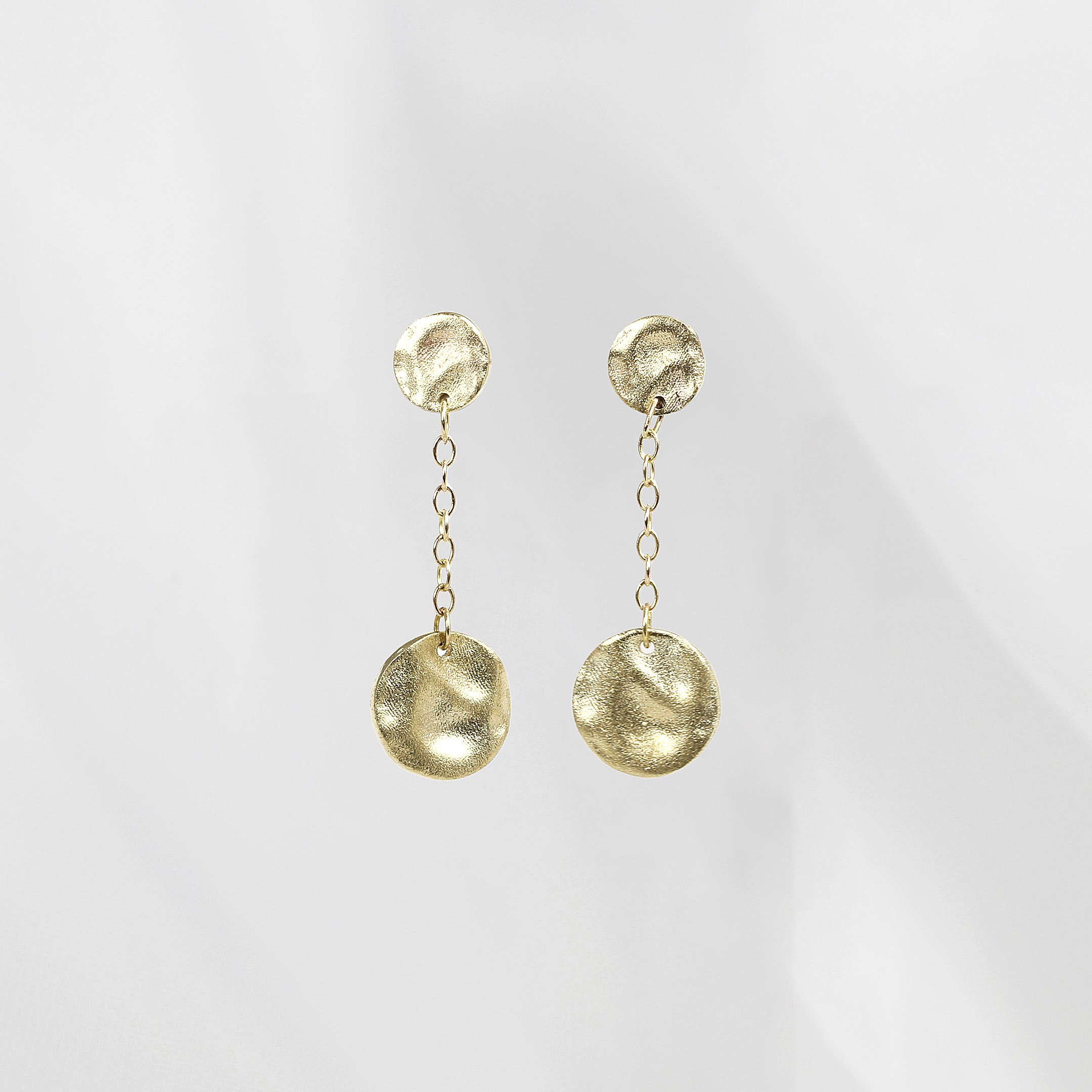 Molten Disc Drop Earrings in Yellow Gold