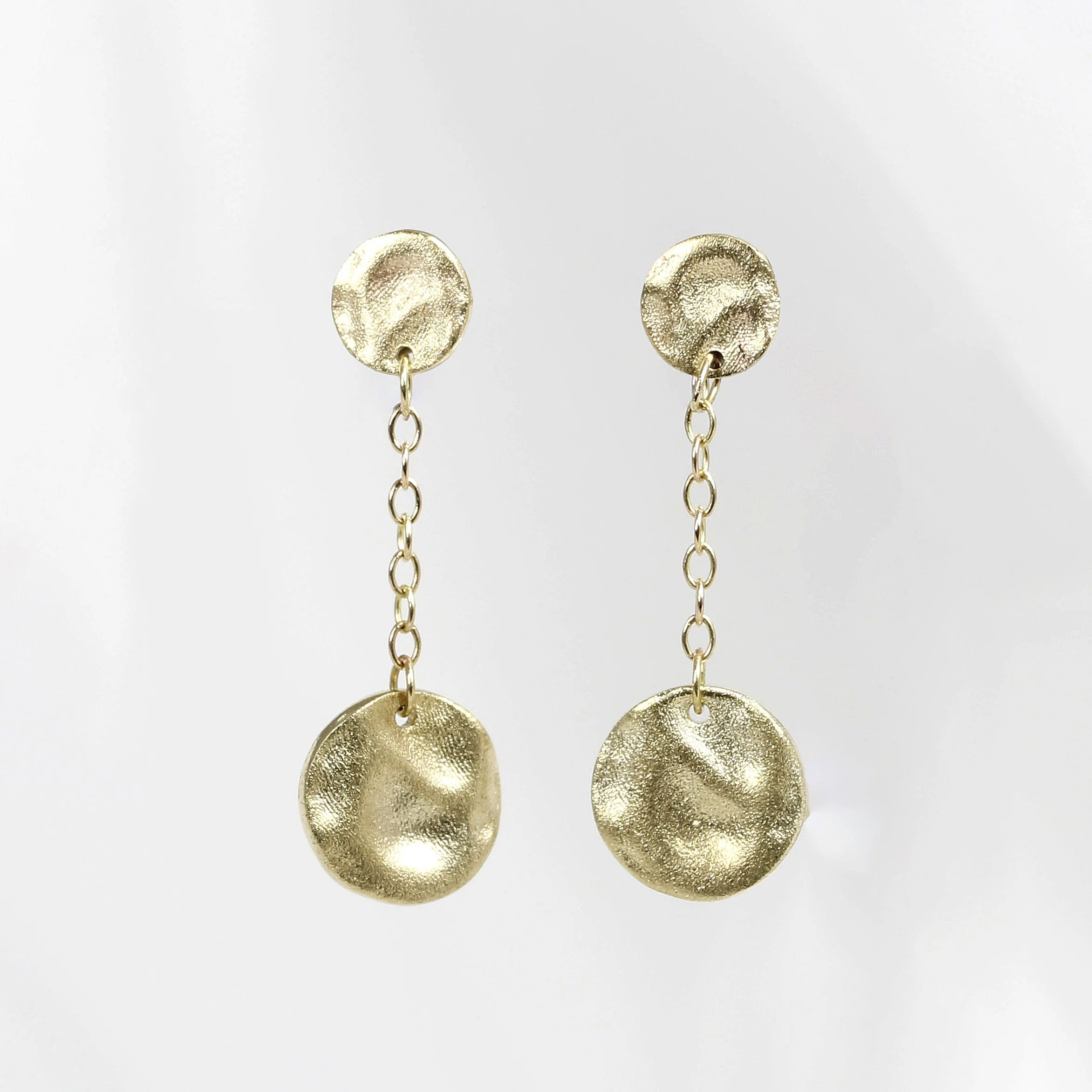 Molten Disc Drop Earrings in Yellow Gold