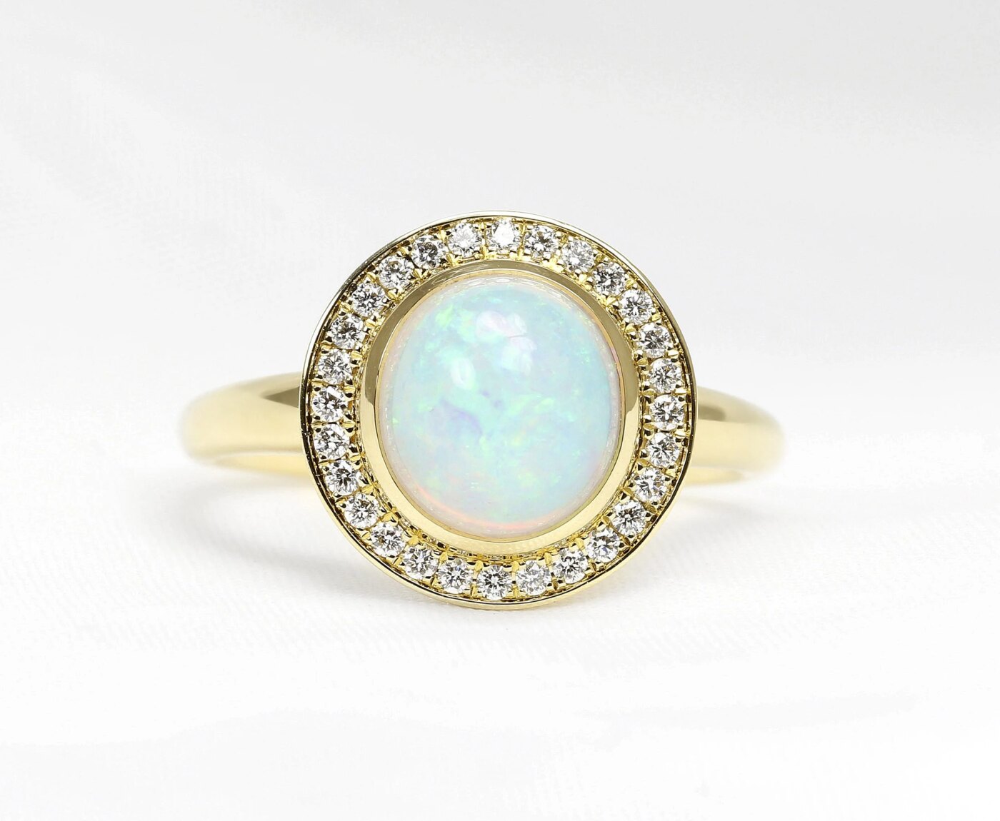 Opal & Diamond Halo Cluster in Yellow Gold