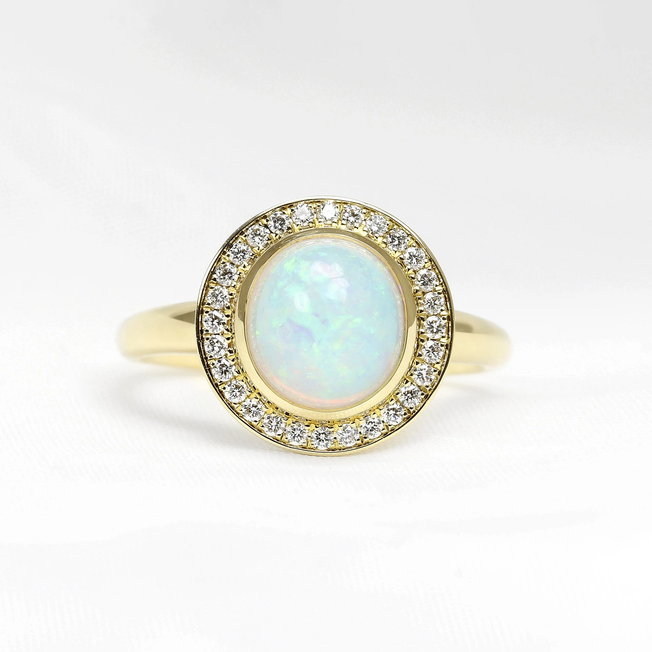 Opal & Diamond Halo Cluster in Yellow Gold