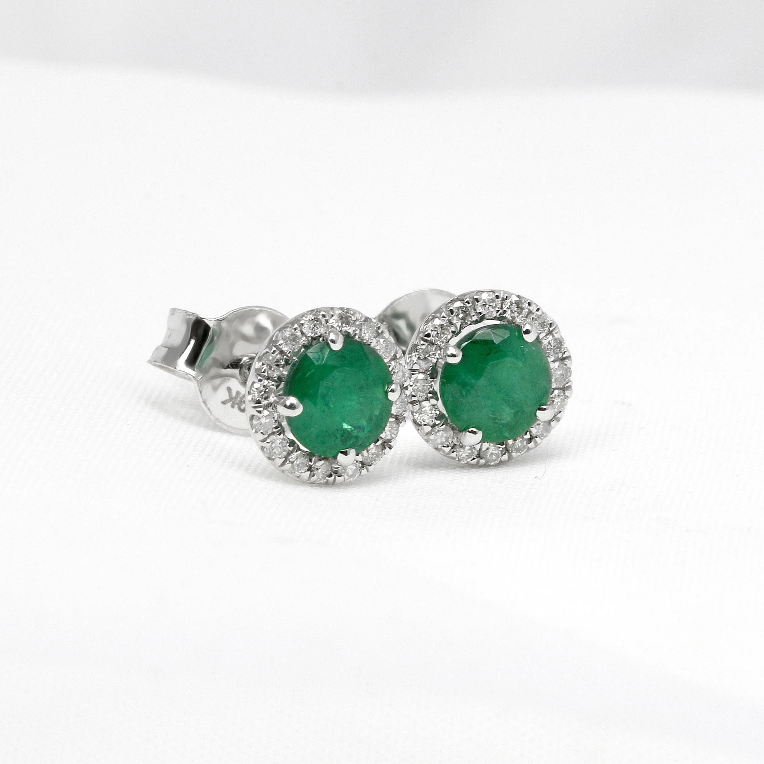 Emerald & Diamond Halo Cluster Earrings in White Gold