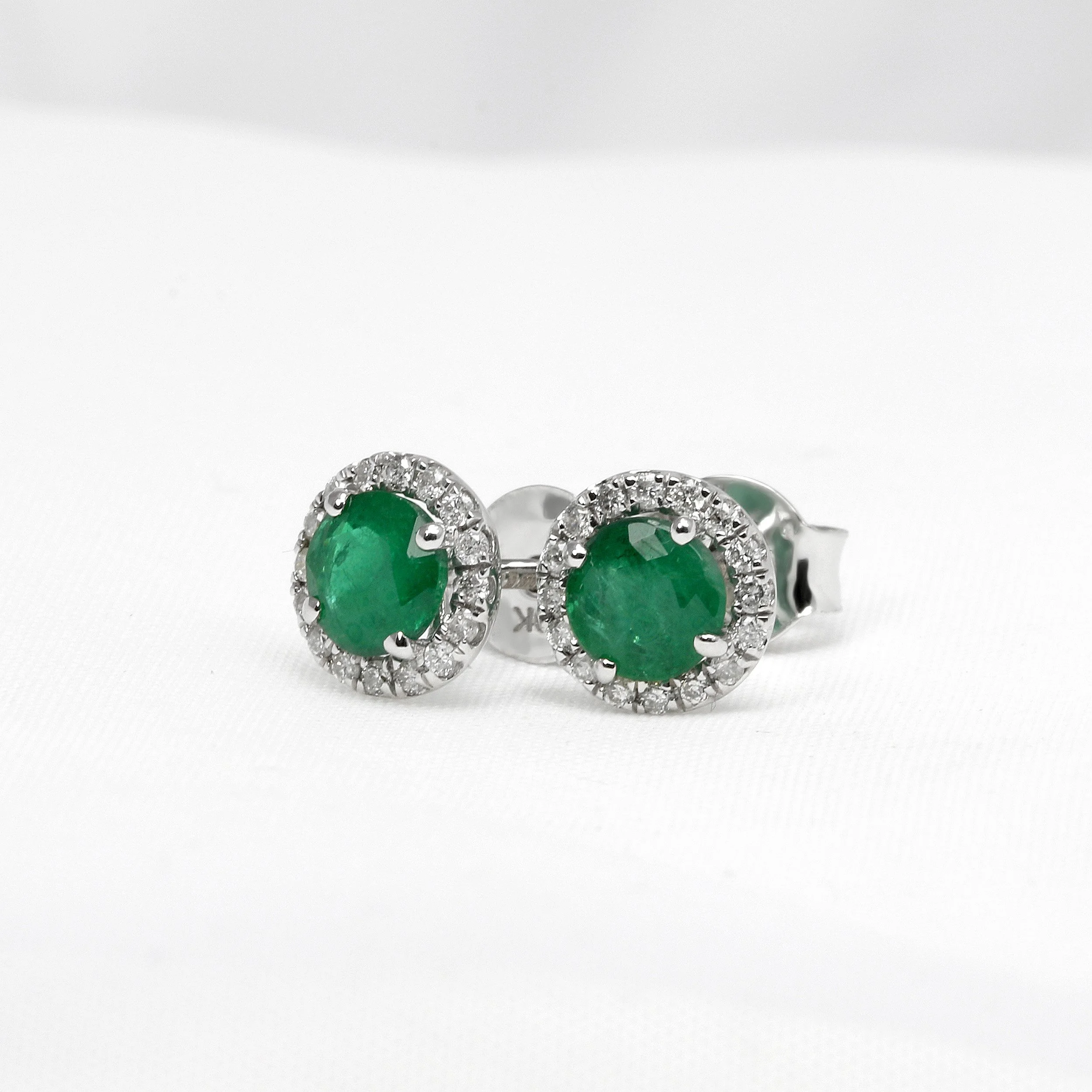 Emerald & Diamond Halo Cluster Earrings in White Gold