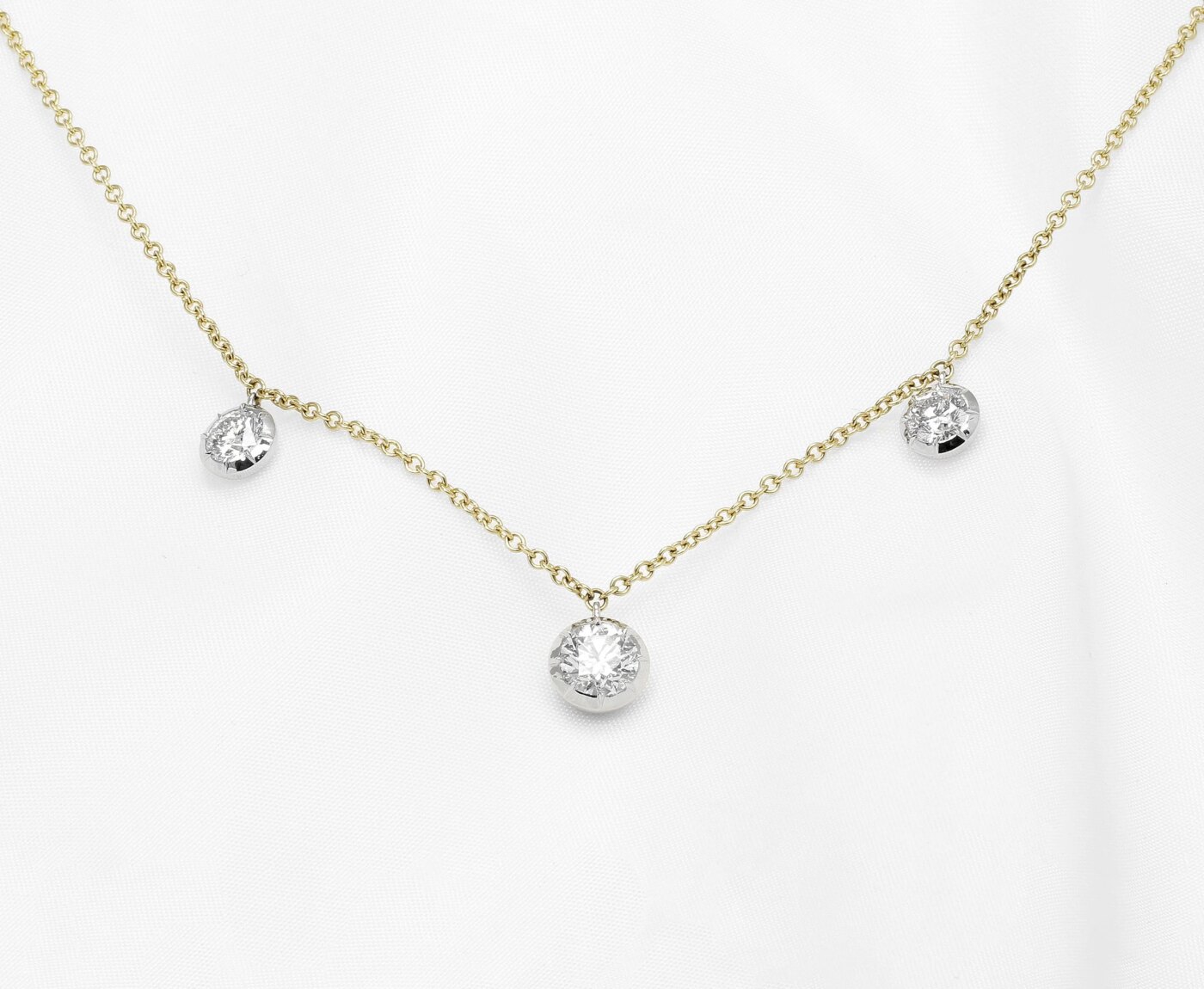 Three Diamond 'Georgian Style Cut Down' Necklace in Platinum & 18 ct yellow Gold
