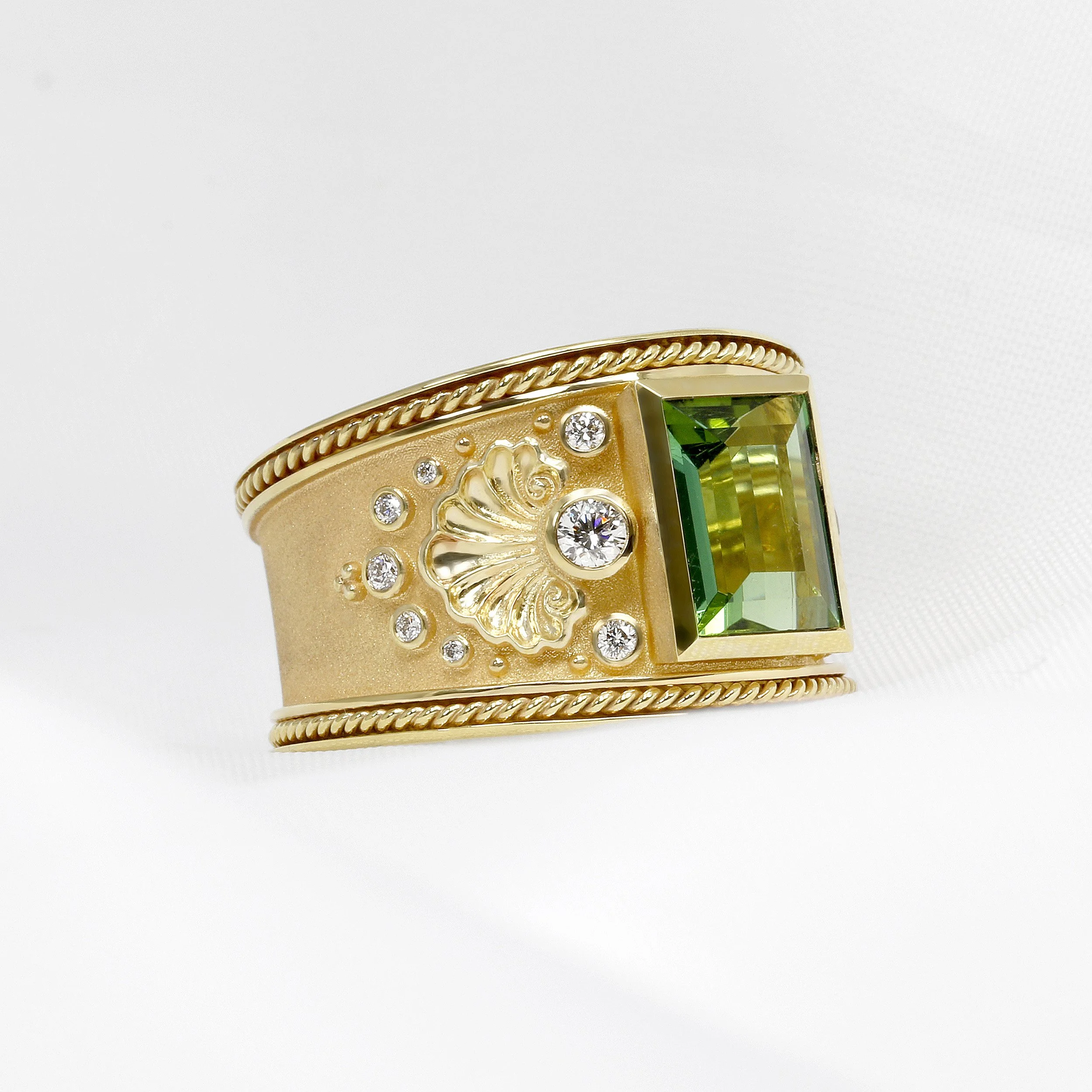 Tourmaline & Diamond Etruscan Ring in Yellow Gold