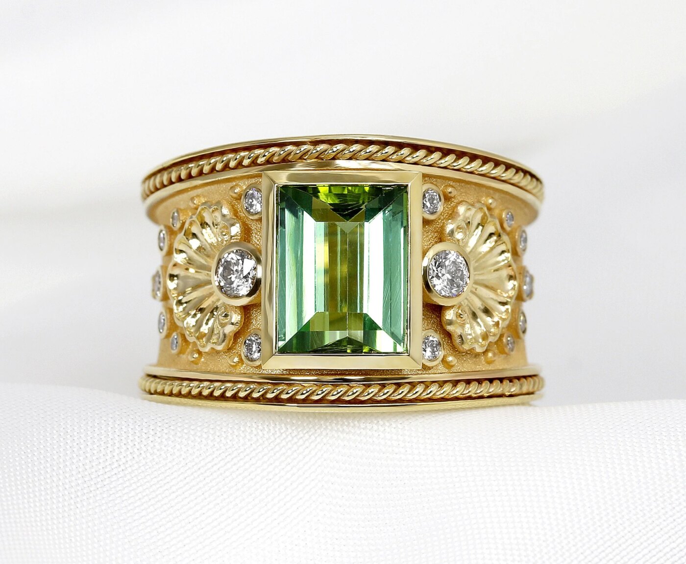 Tourmaline & Diamond Etruscan Ring in Yellow Gold