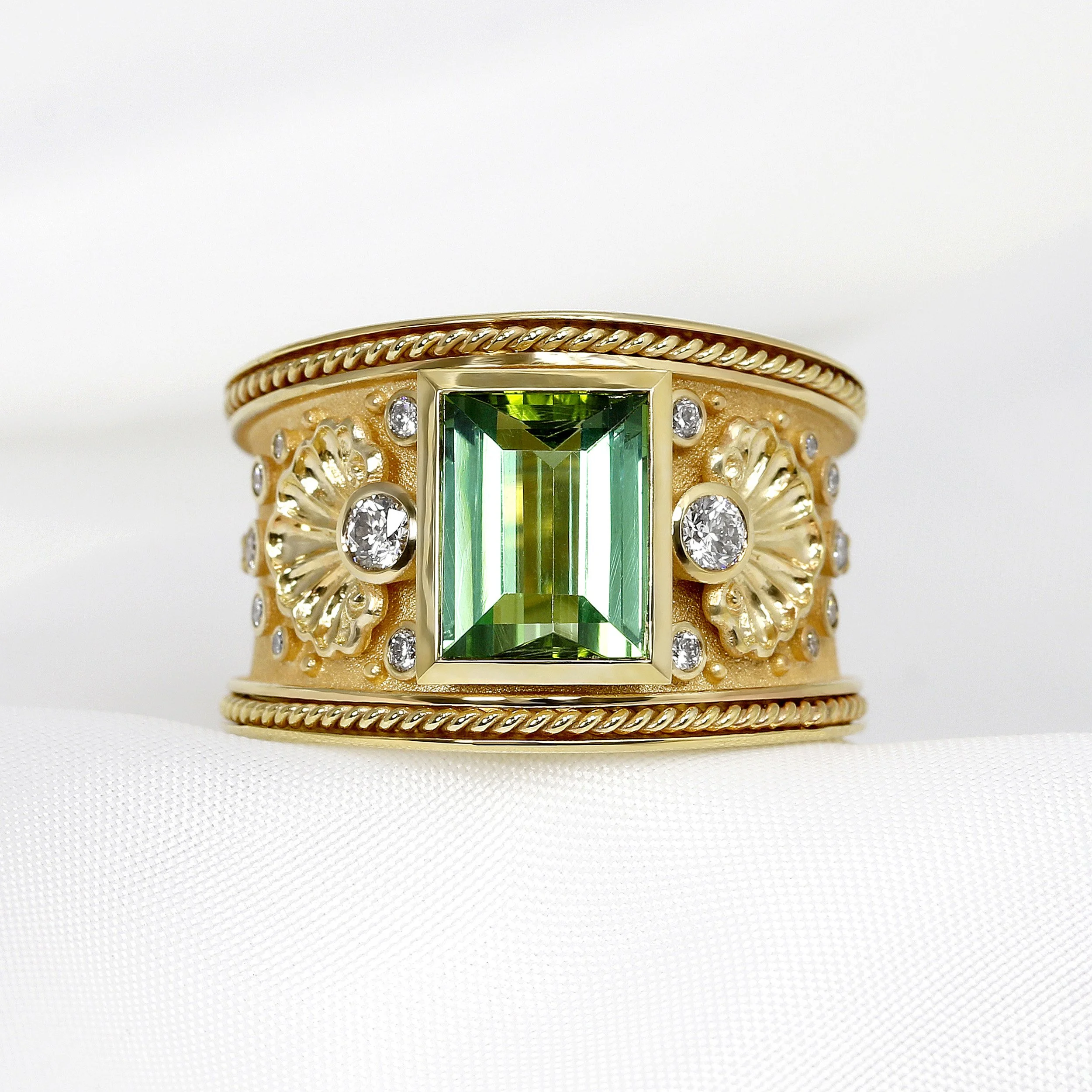 Tourmaline & Diamond Etruscan Ring in Yellow Gold
