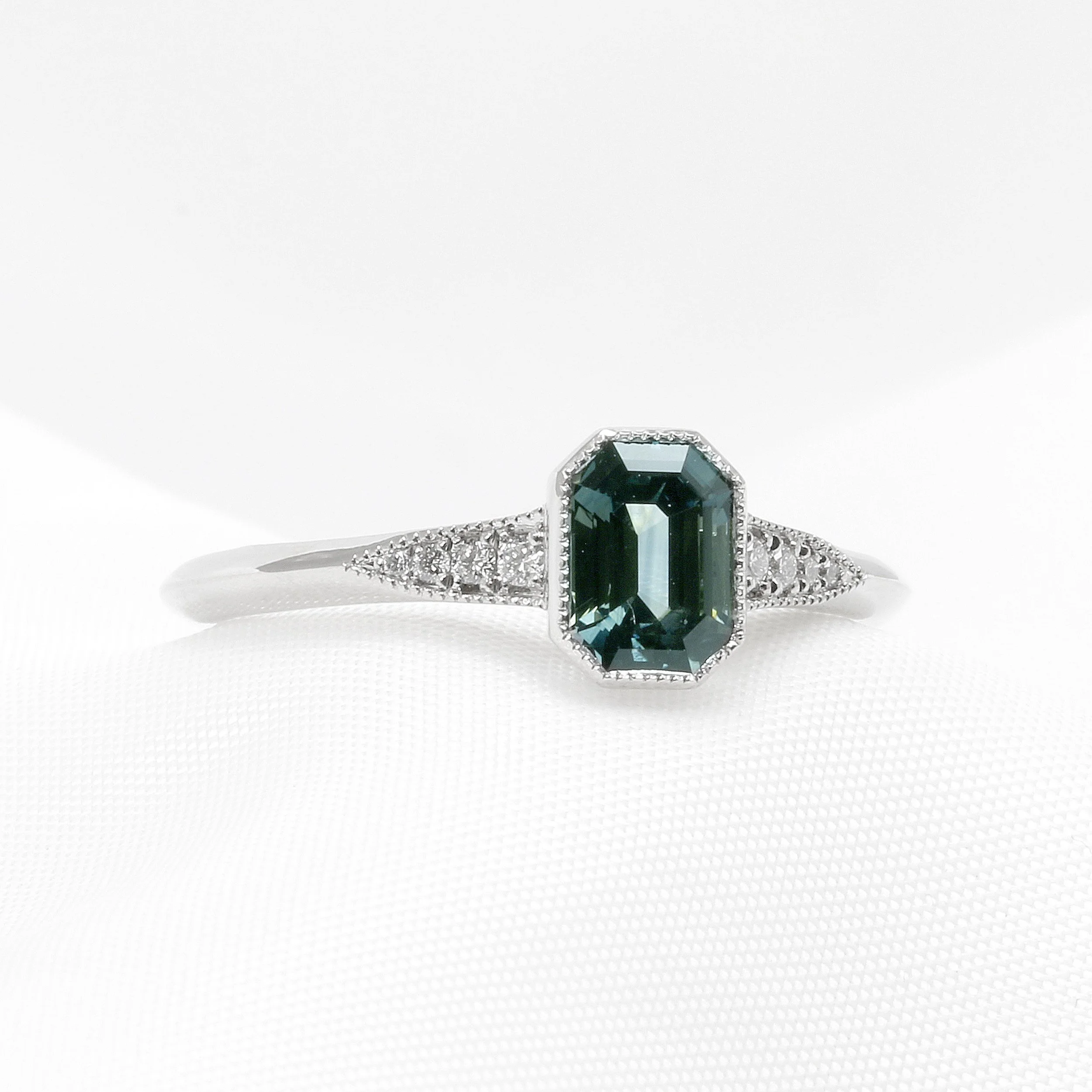Teal Sapphire & Diamond Ring in Platinum