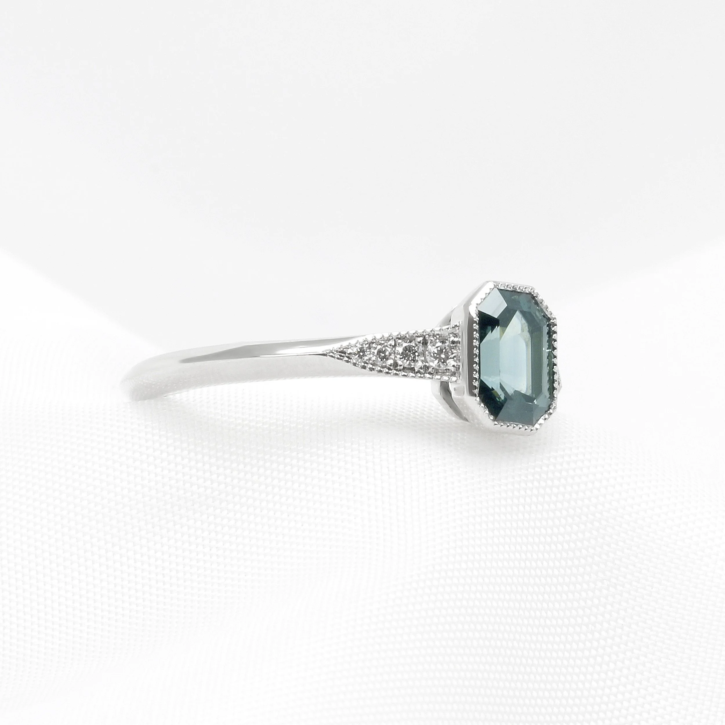 Teal Sapphire & Diamond Ring in Platinum