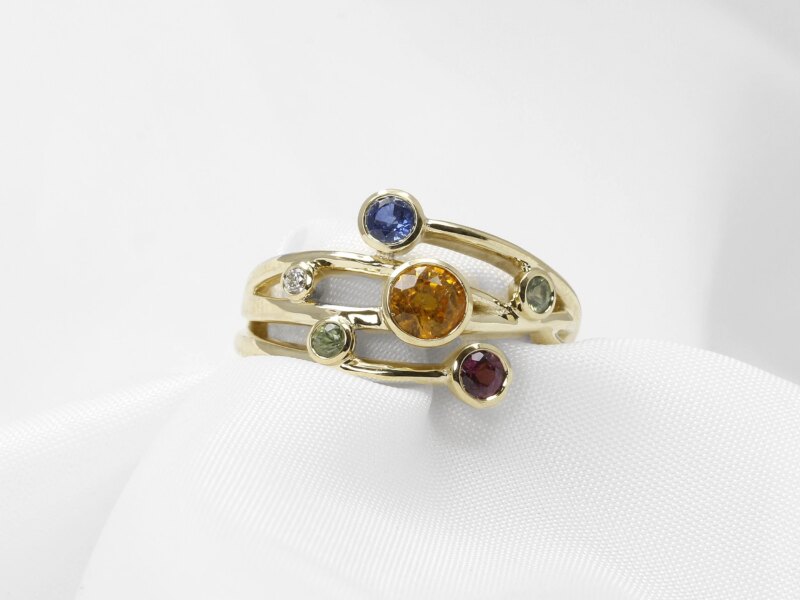 Multi Band Mixed Gemstone Ring in 9ct Yellow Gold