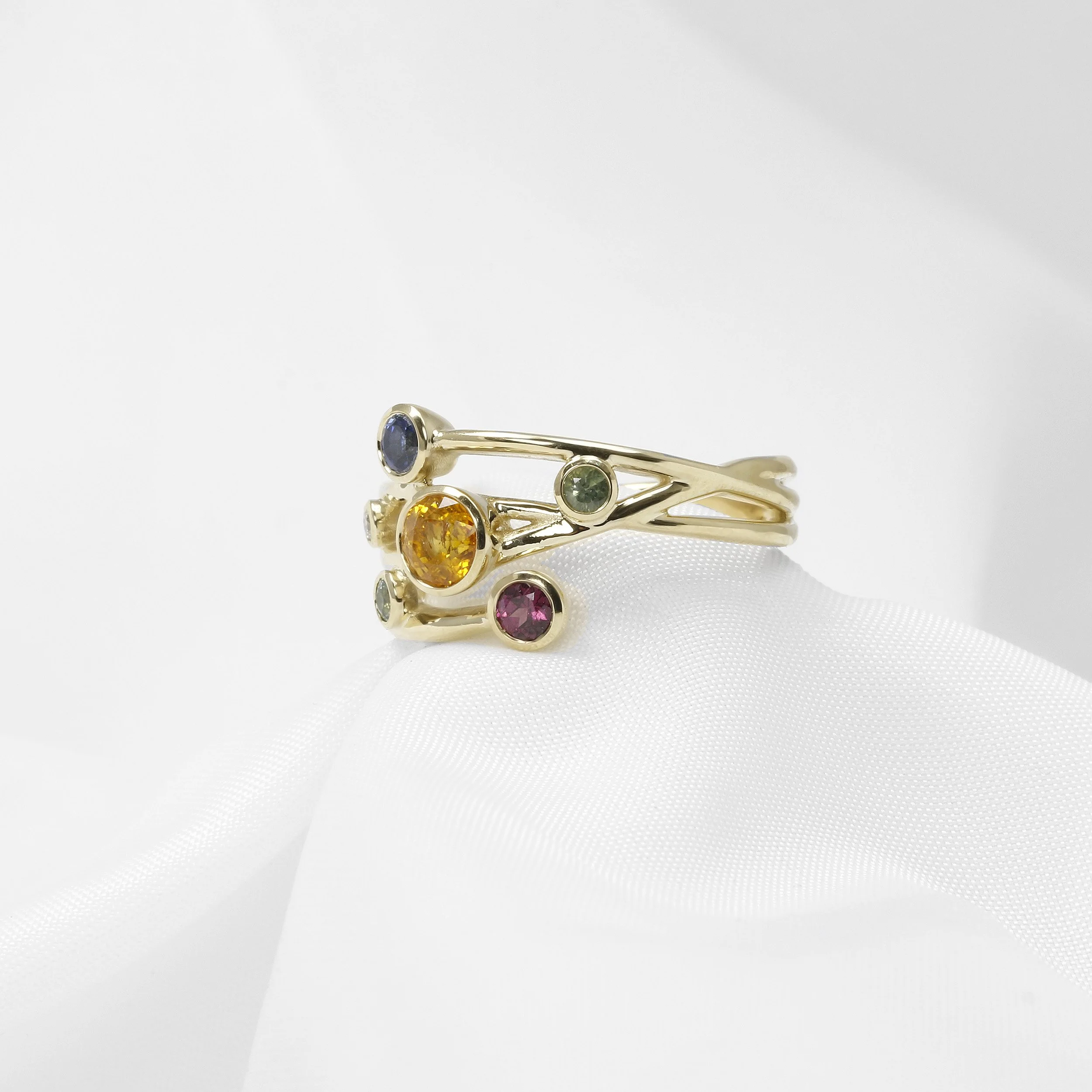 Multi Band Mixed Gemstone Ring in 9ct Yellow Gold